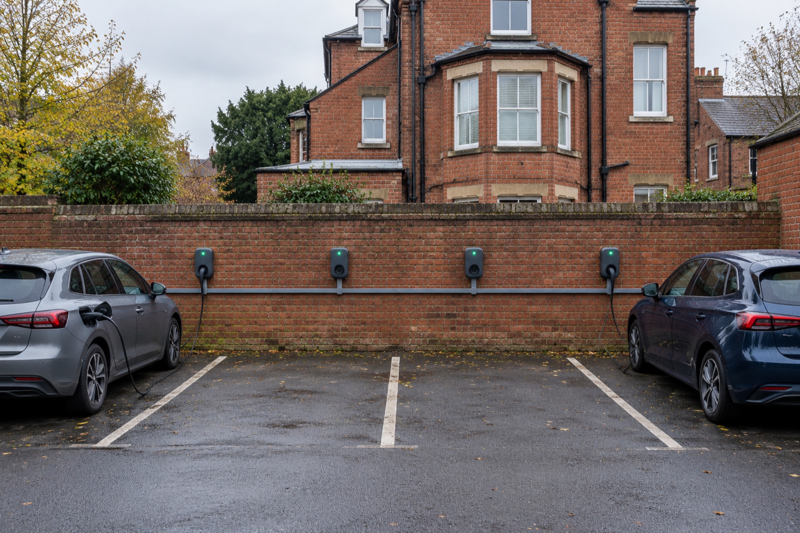 Four chargers along the brick wall of a residents' car park behind a red-brick Victorian villa, two cars charging.