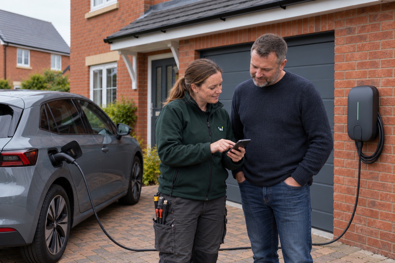 Hannah showing a homeowner the charging app on his phone beside the charger on a red-brick new-build, the car plugged in behind.