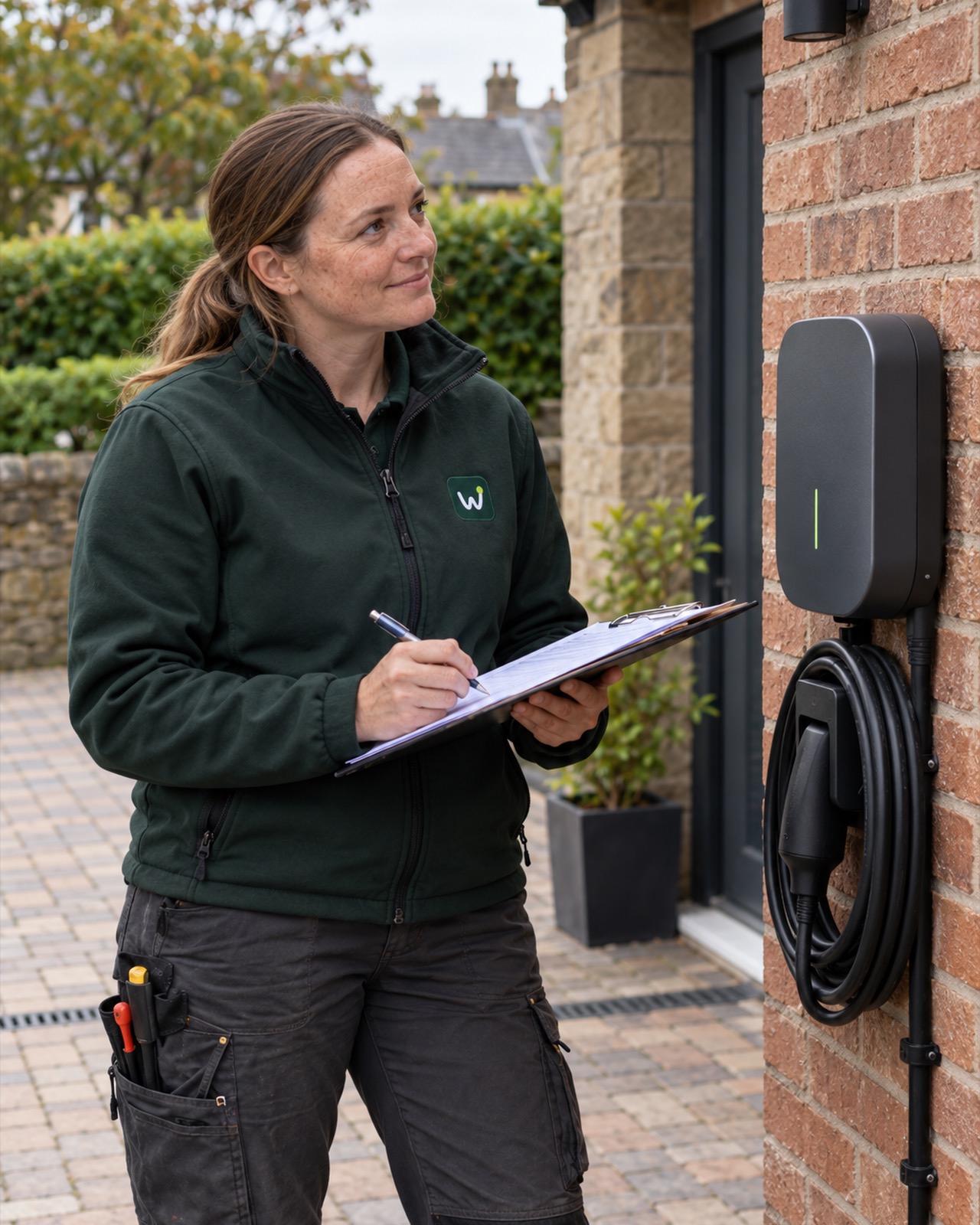 Hannah writing on a clipboard beside a charger on a brick wall, its cable coiled, next to a block-paved drive.