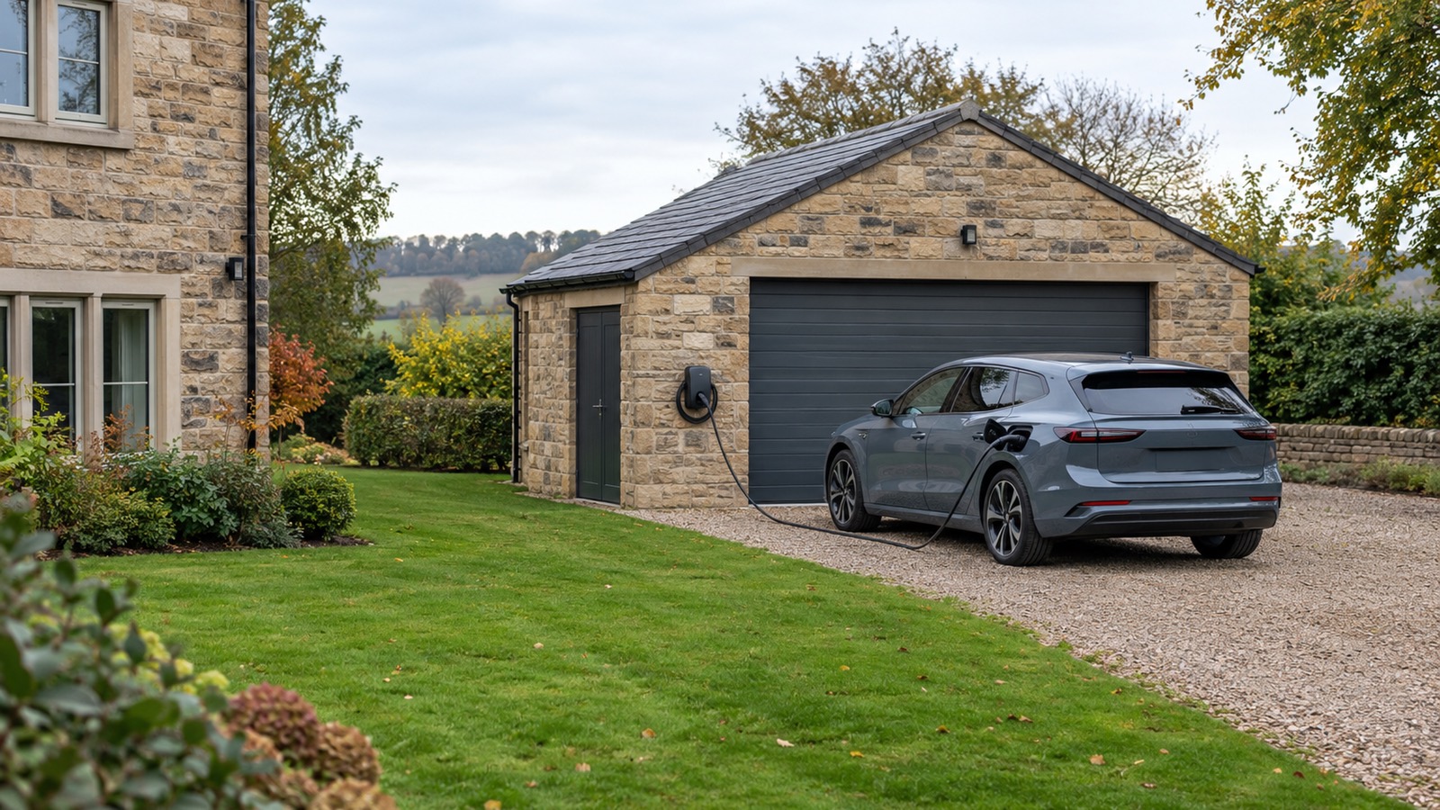 A detached stone house and its separate stone garage across a lawn, a charger on the garage wall and a car charging on the gravel.