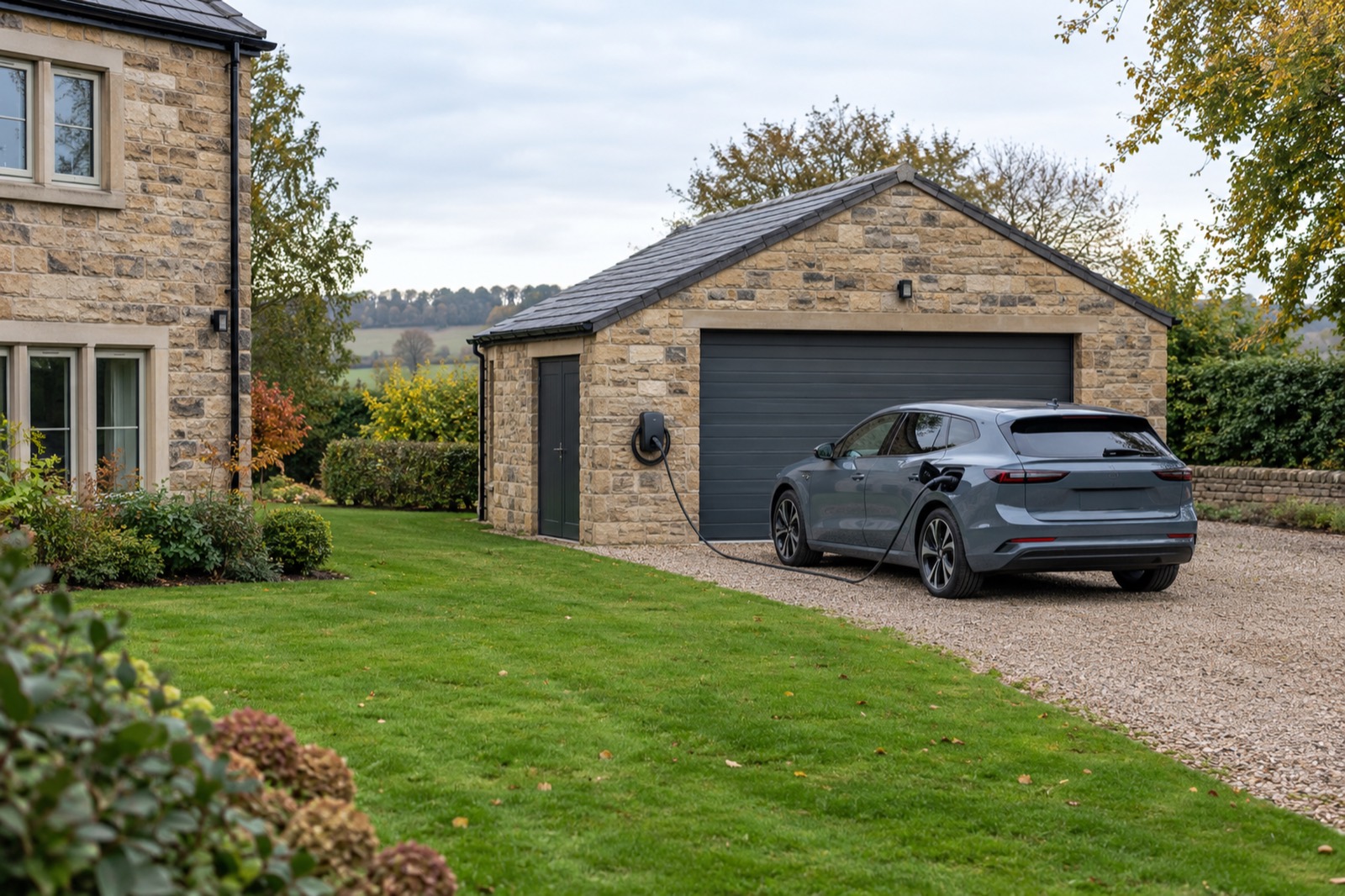 A detached stone house and its separate stone garage across a lawn, a charger on the garage wall and a car charging on the gravel.
