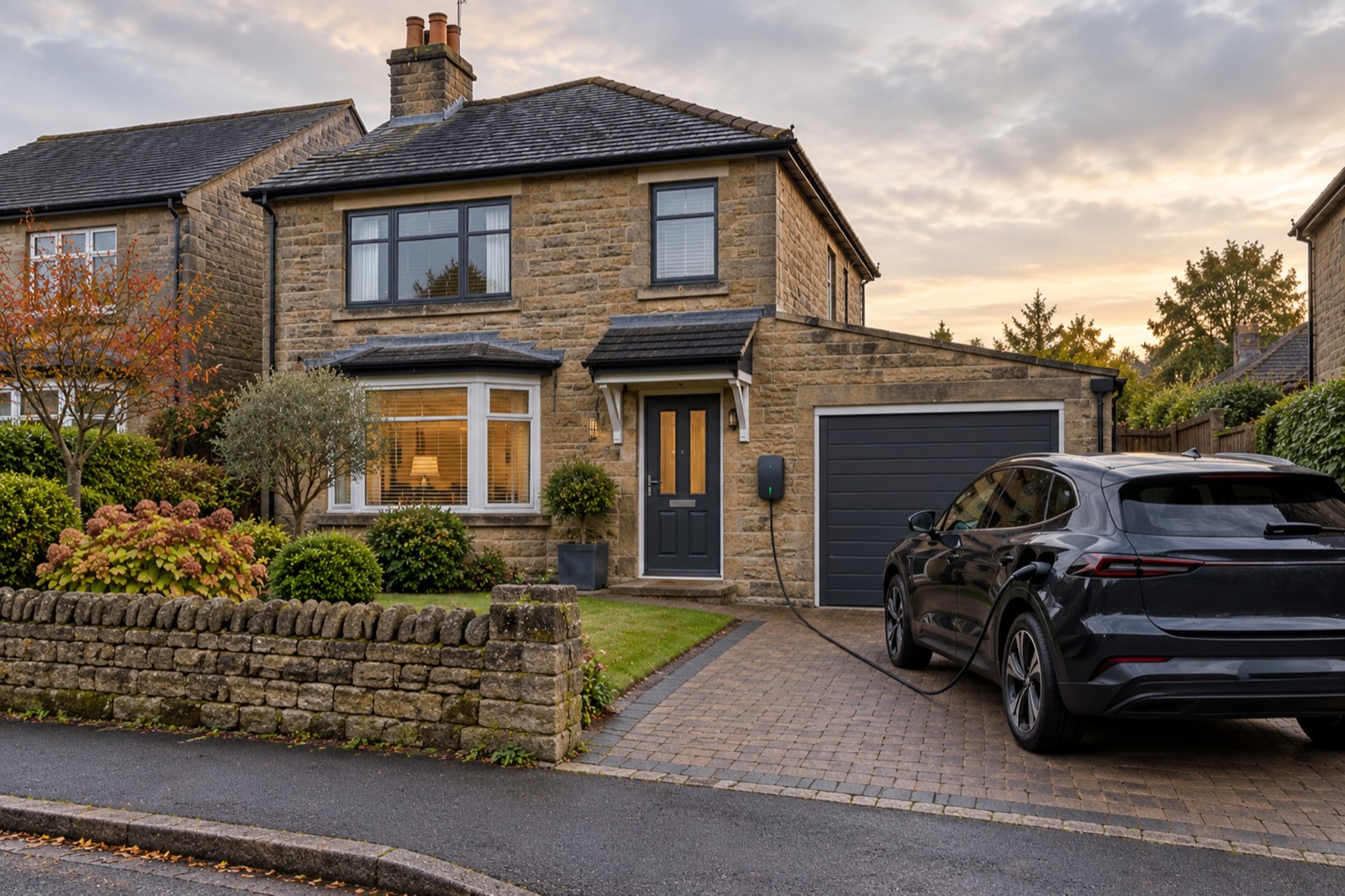 A stone-built detached house at dusk, a charger on the wall beside the front door and its cable running to a dark car charging on the block-paved drive.