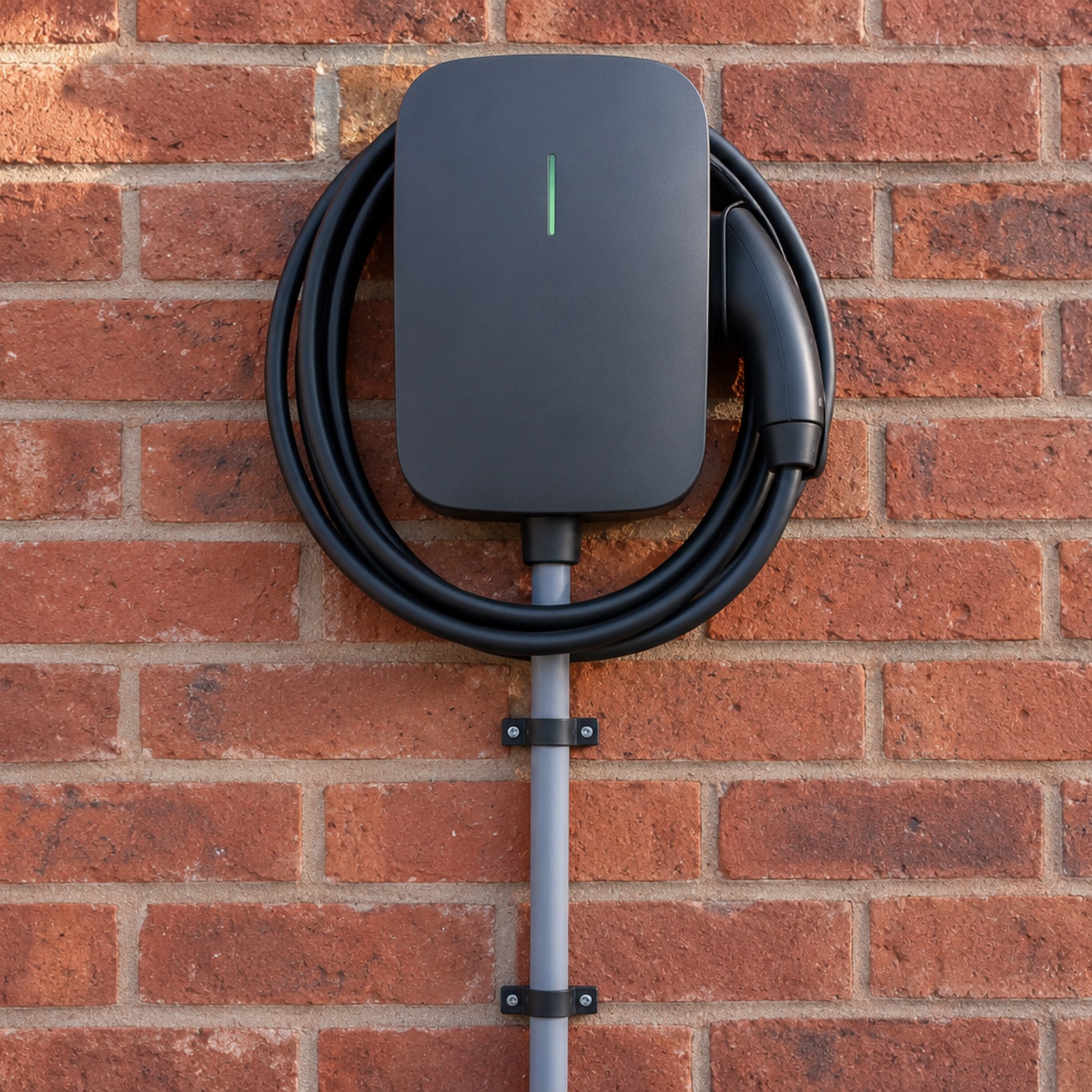 A charcoal wall charger on red brick with its black cable coiled round it and a grey conduit entering from below.