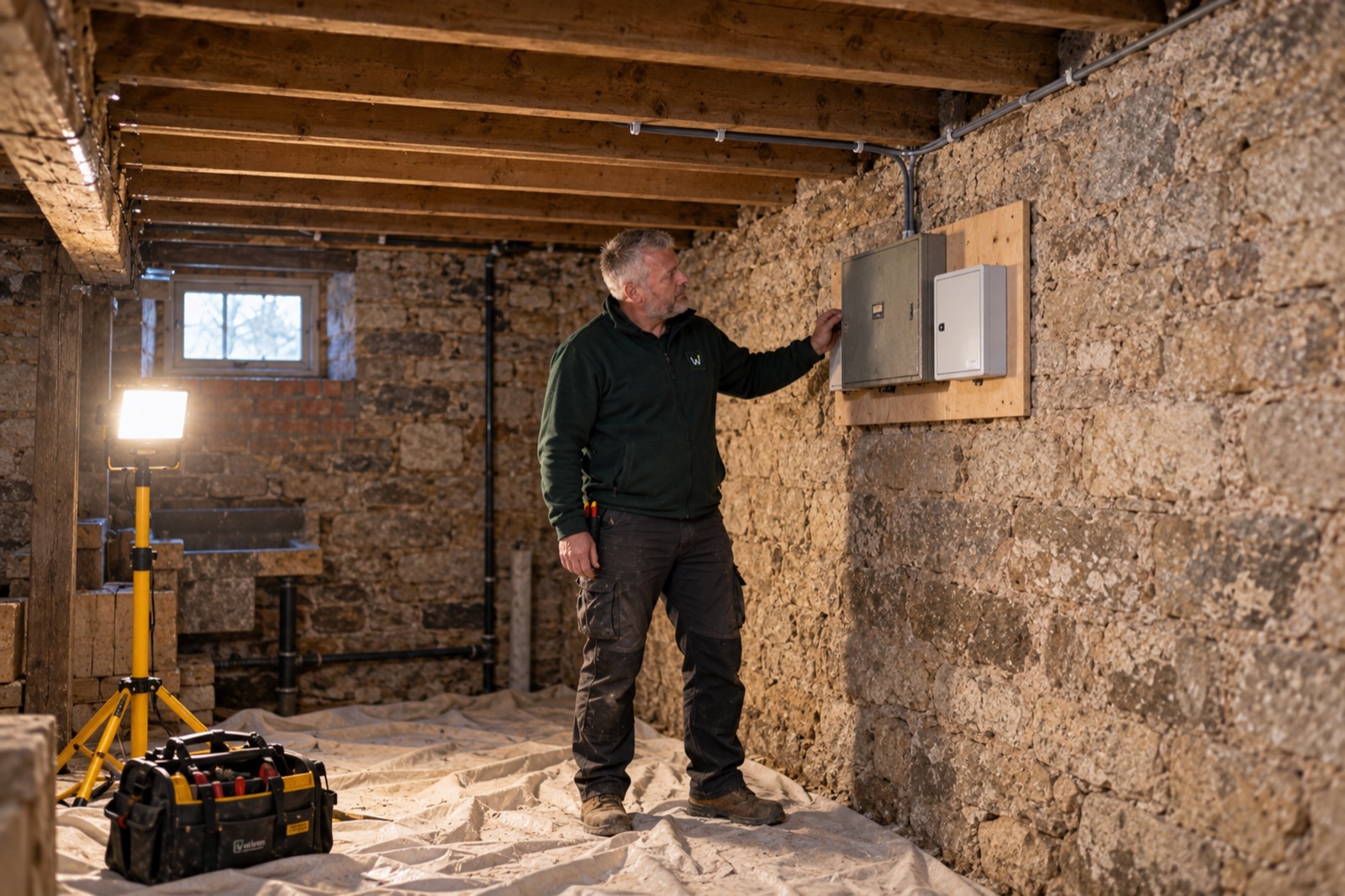 An electrician in a stone cellar checks an old grey fuse board and a small new board on a timber panel, a cable clipped along the joists and a work light beside him.