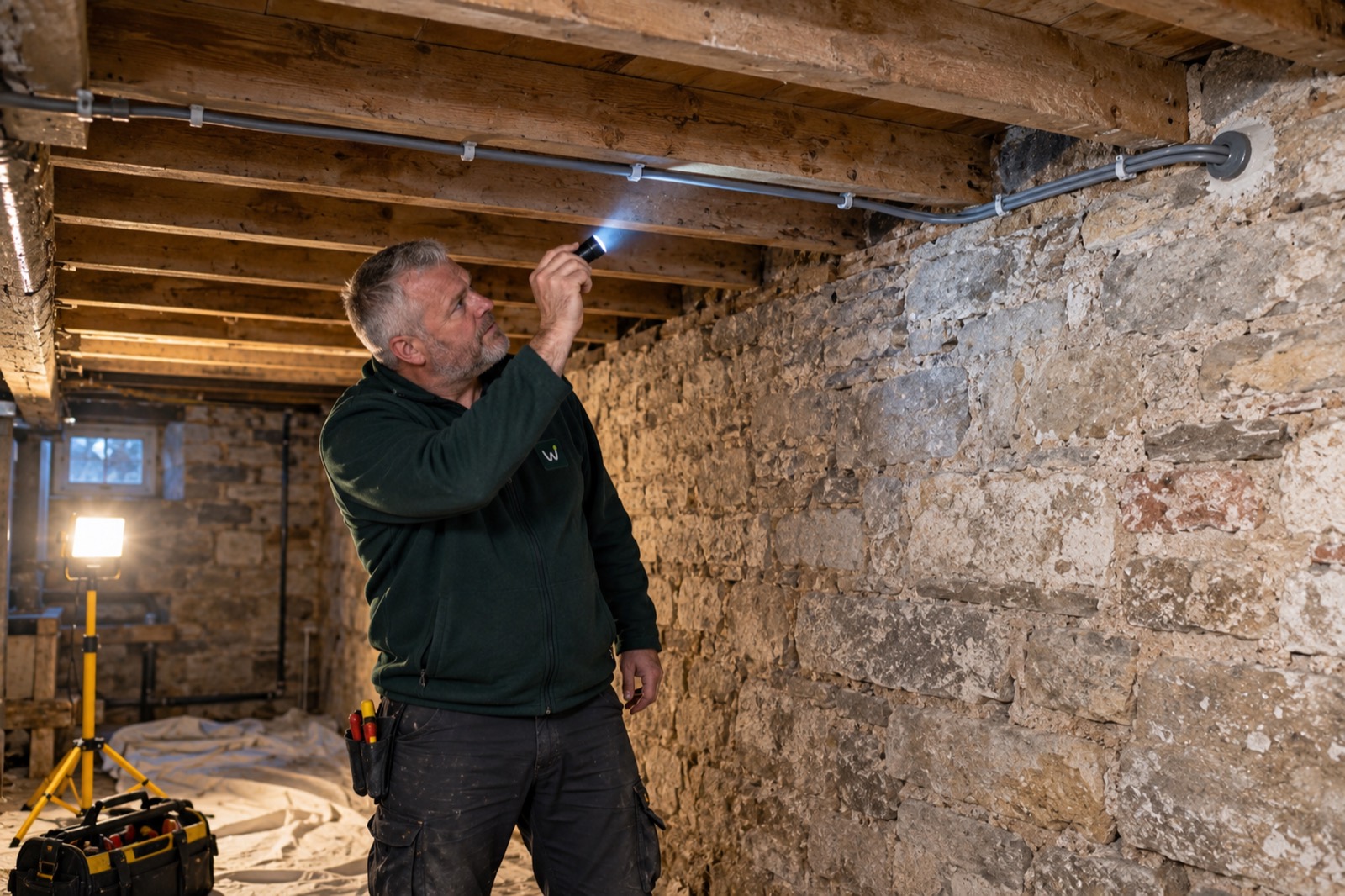 Matt shining a torch along a grey cable clipped to the timber joists of a stone cellar.
