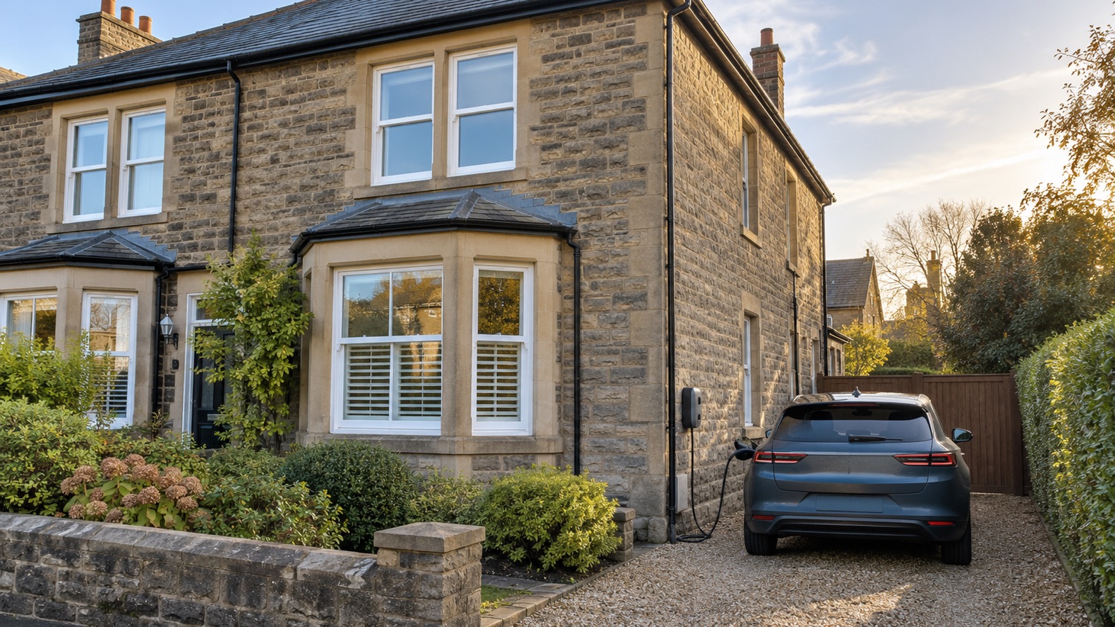 A Victorian stone semi with a bay window and a gravel drive, a charger on the side wall and a car plugged in, in low autumn sun.