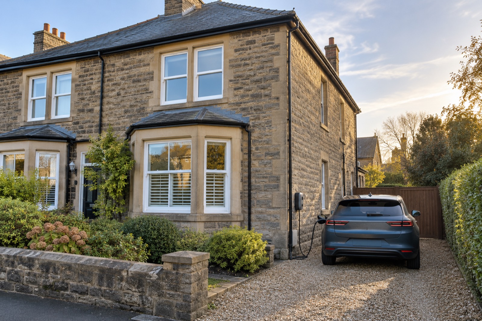 A Victorian stone semi with a bay window and a gravel drive, a charger on the side wall and a car plugged in, in low autumn sun.