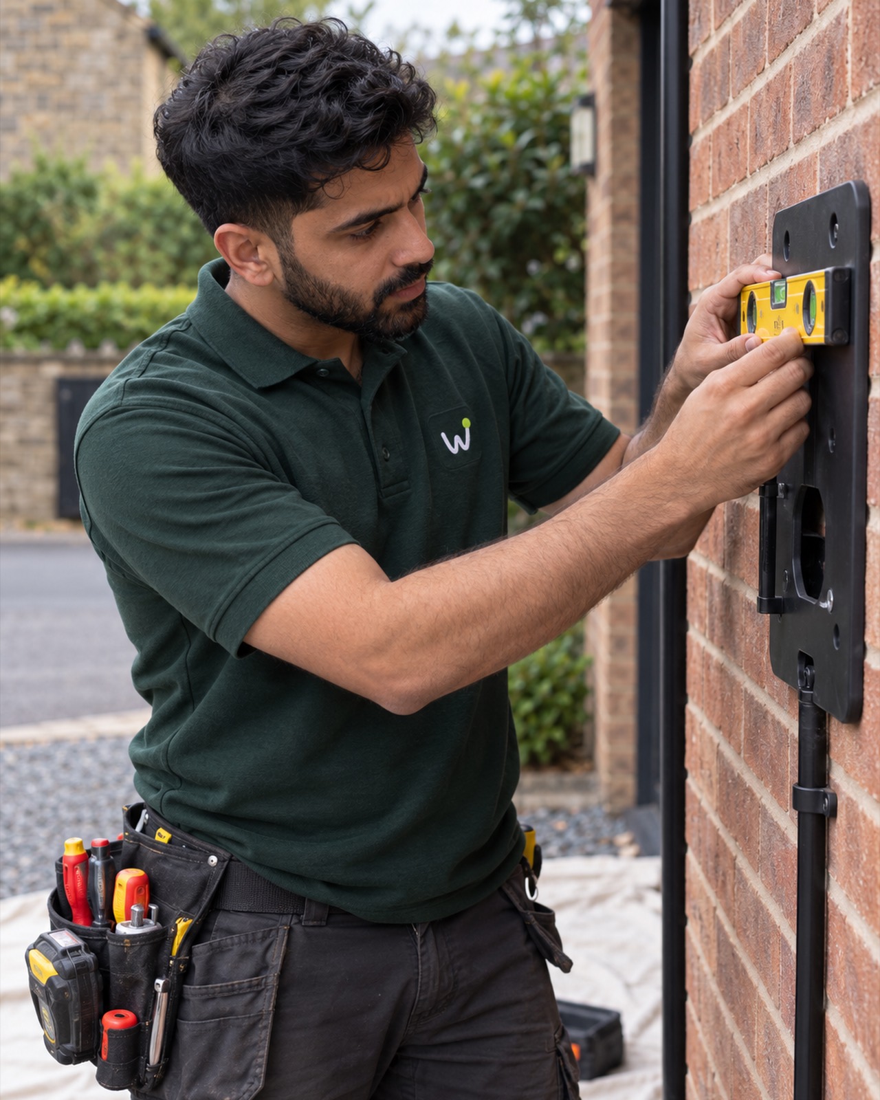 Imran holding a spirit level against a charger's mounting plate on a red-brick wall.