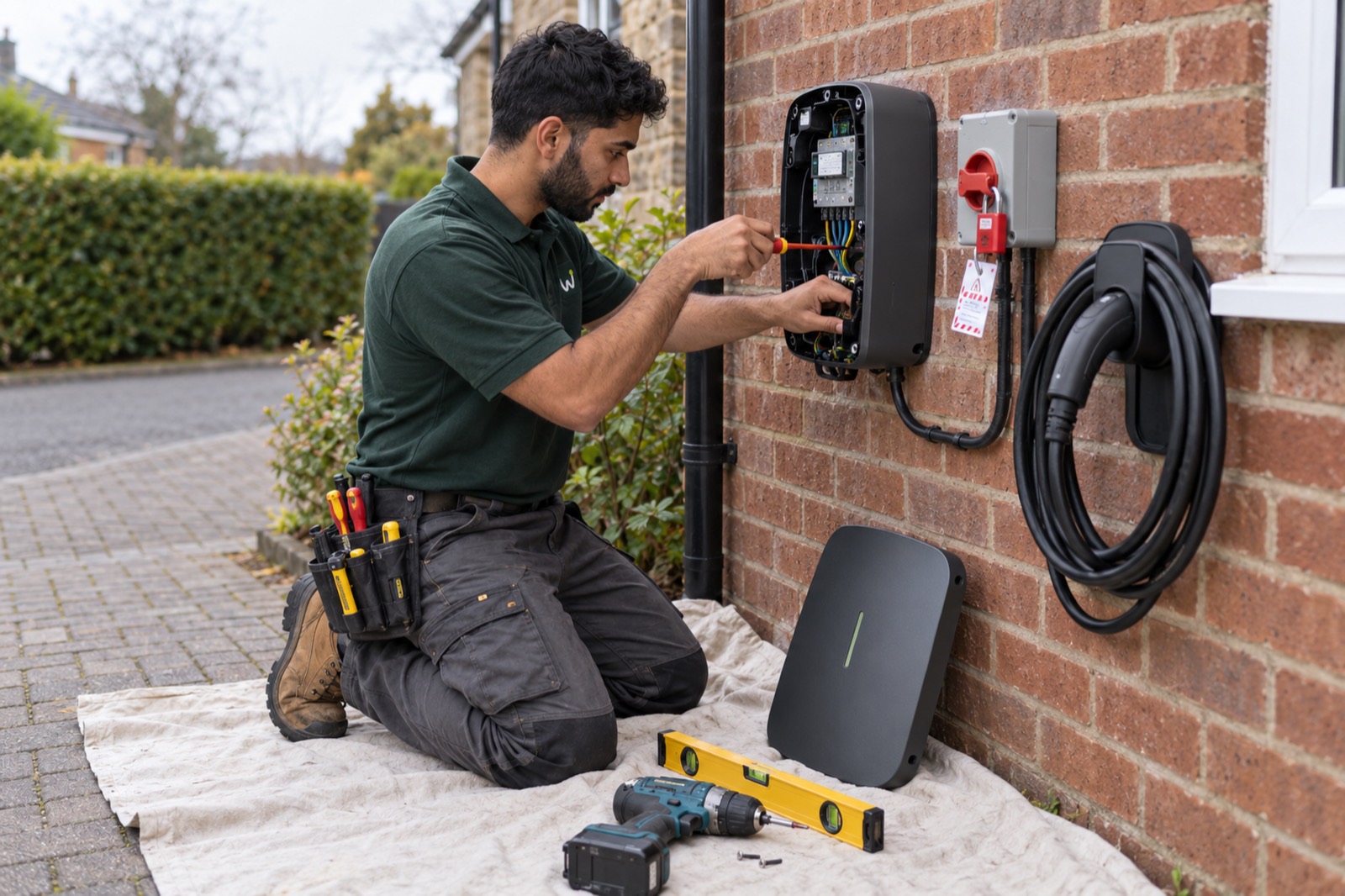 Imran kneeling on a dust sheet fitting a charger to a brick wall, the isolator beside it locked off with a red padlock.