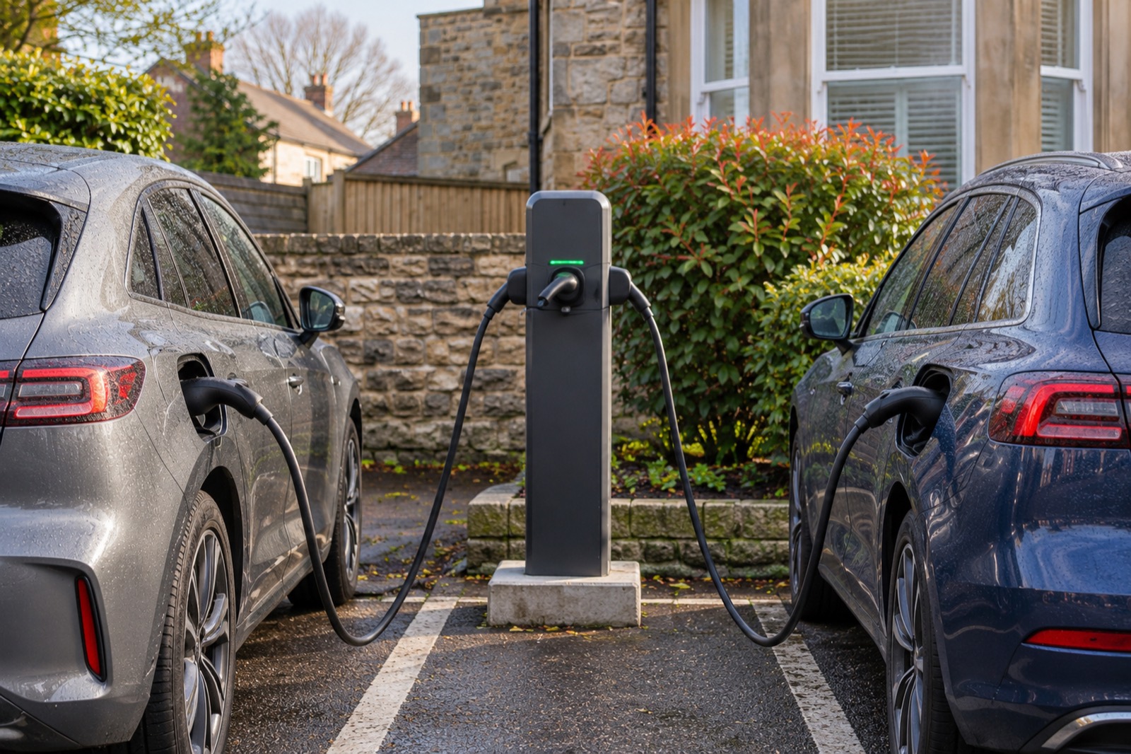 A slim charging post with a car plugged in on each side, morning light on the stone wall behind.