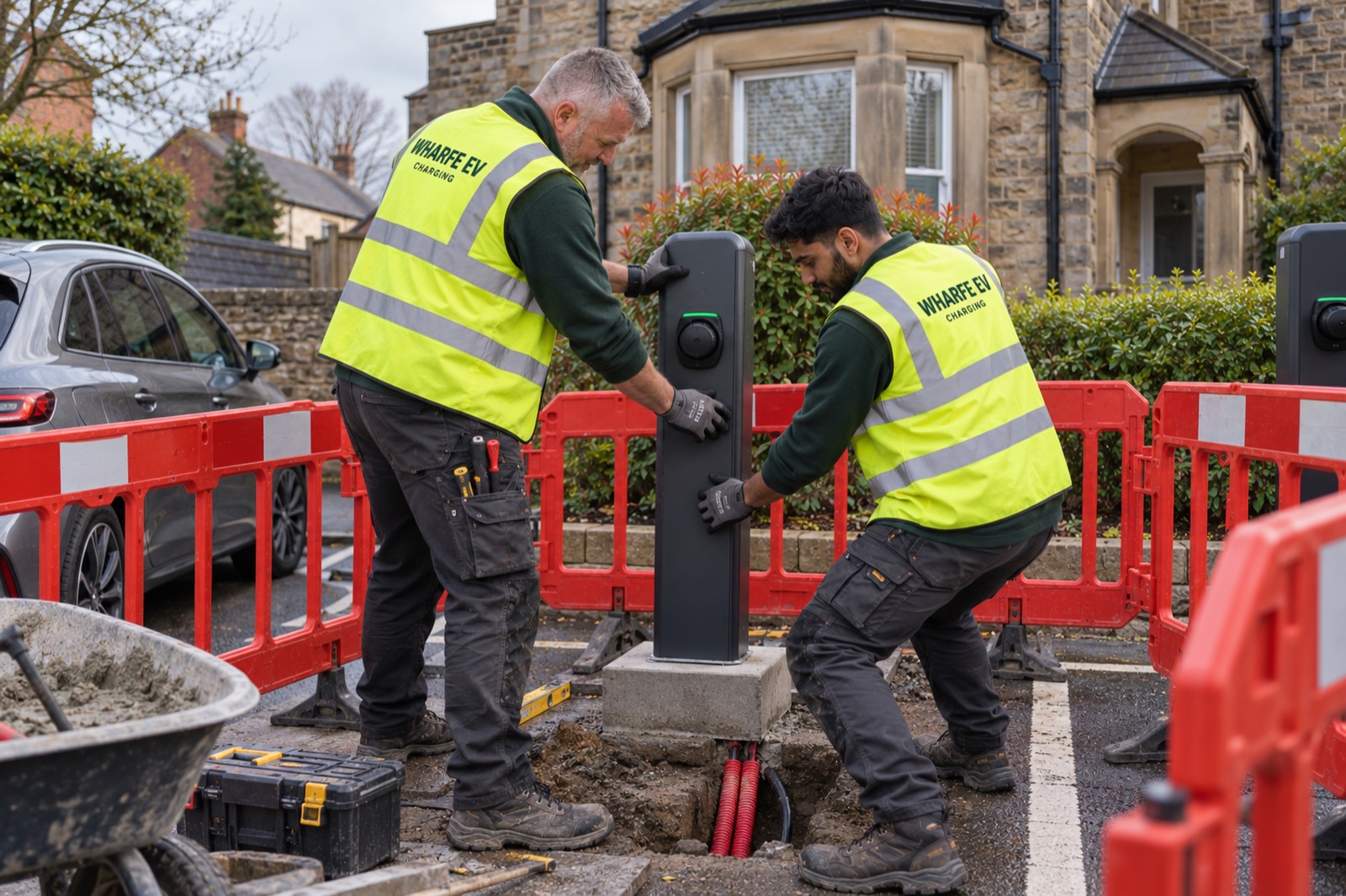 Matt and Imran in hi-vis vests setting a charging post on its base, ducting in a small excavation and barriers round the bay.