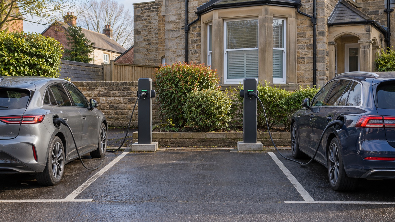 Two slim charging posts between bays in the car park of a stone villa, a car charging on each side.