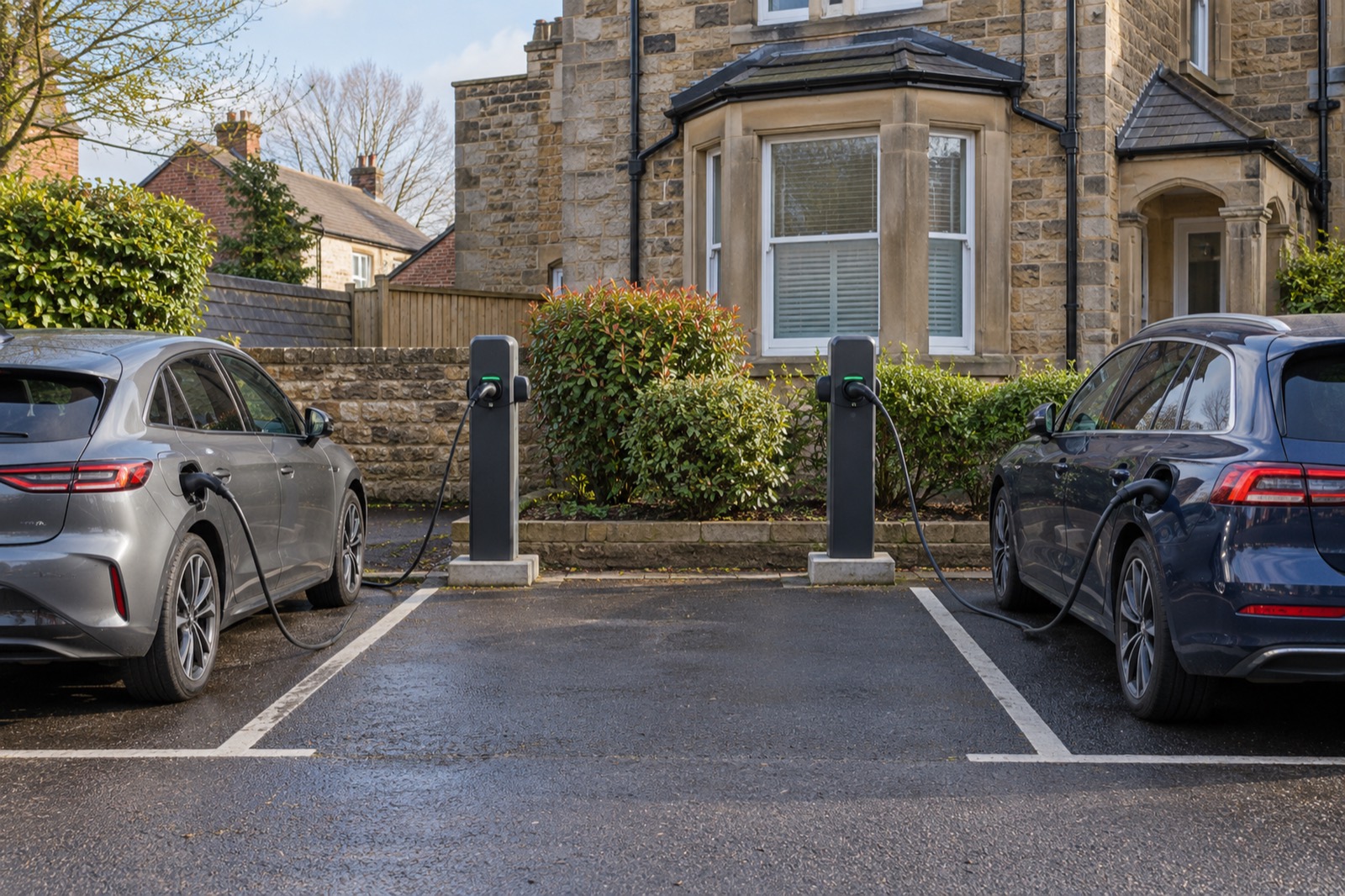 Two slim charging posts between bays in the car park of a stone villa, a car charging on each side.