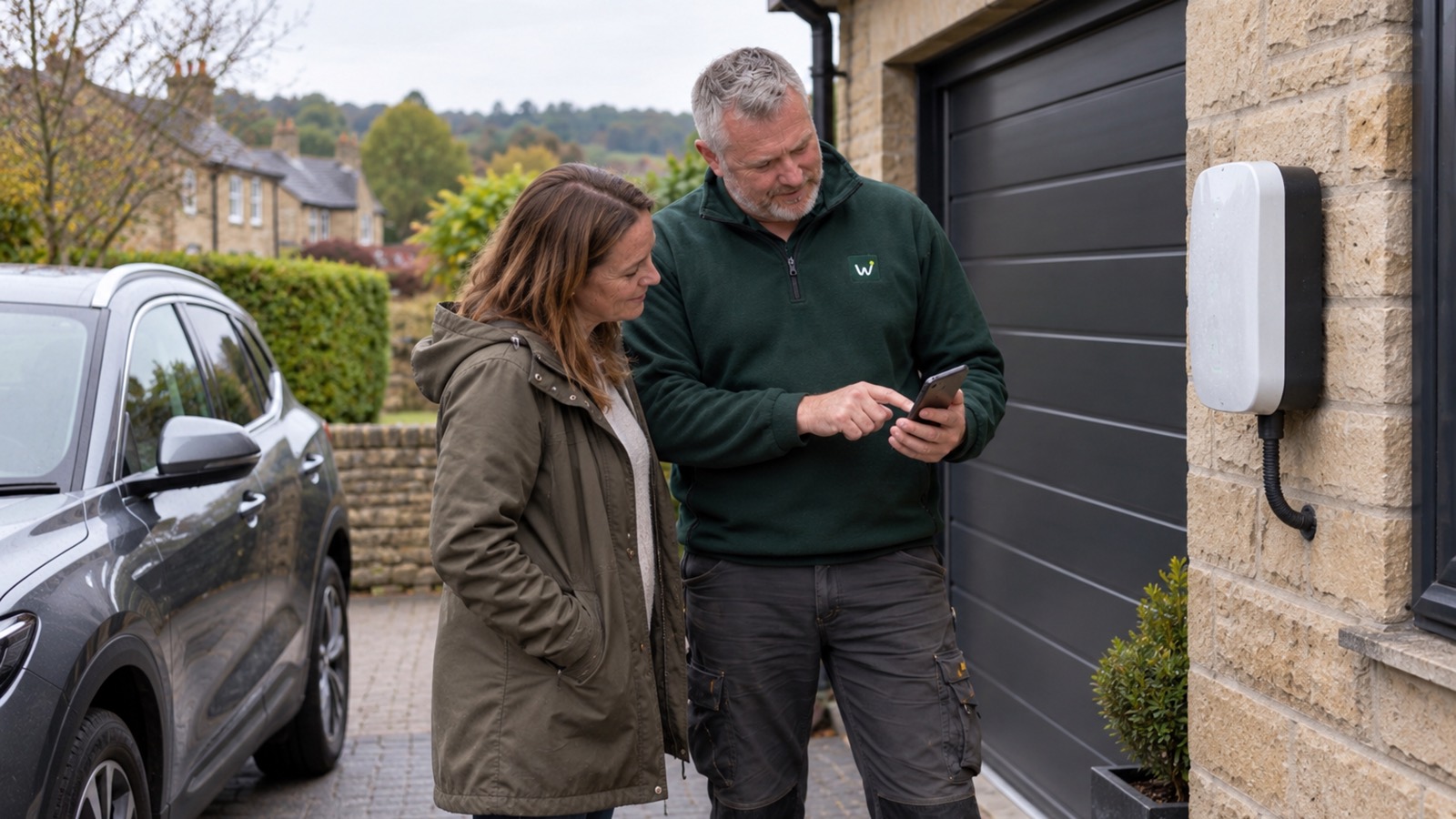An electrician in a green fleece shows a homeowner the charger's app on his phone, beside a white charger on the garage wall.
