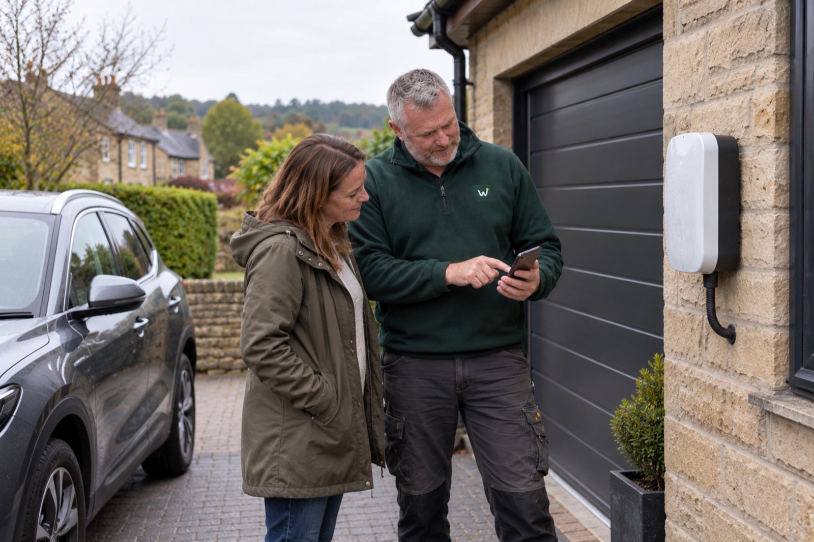 An electrician in a green fleece shows a homeowner the charger's app on his phone, beside a white charger on the garage wall.