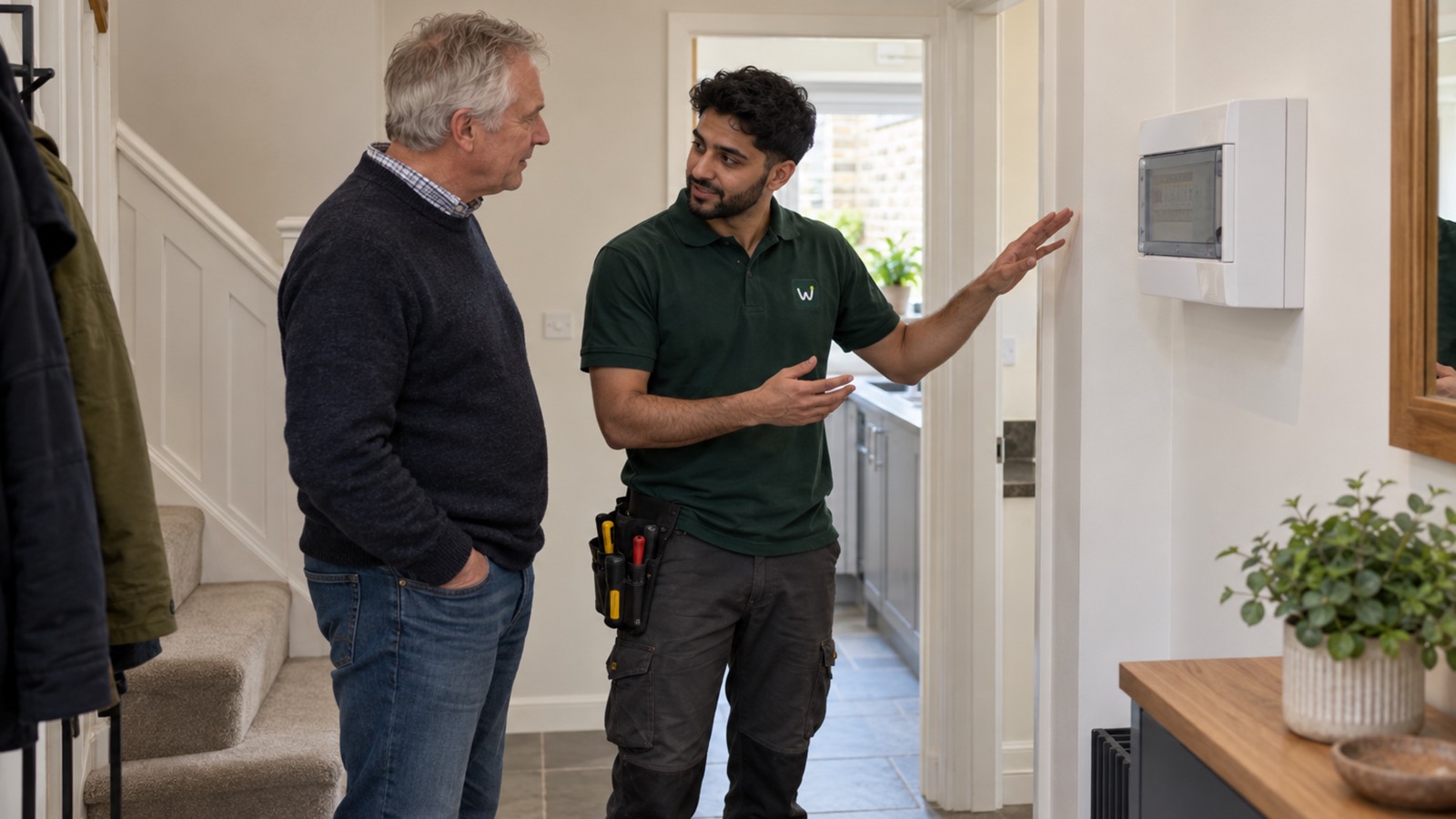 An electrician in a green Wharfe EV polo talks a homeowner through a new consumer unit, its door shut, in a bright hallway.