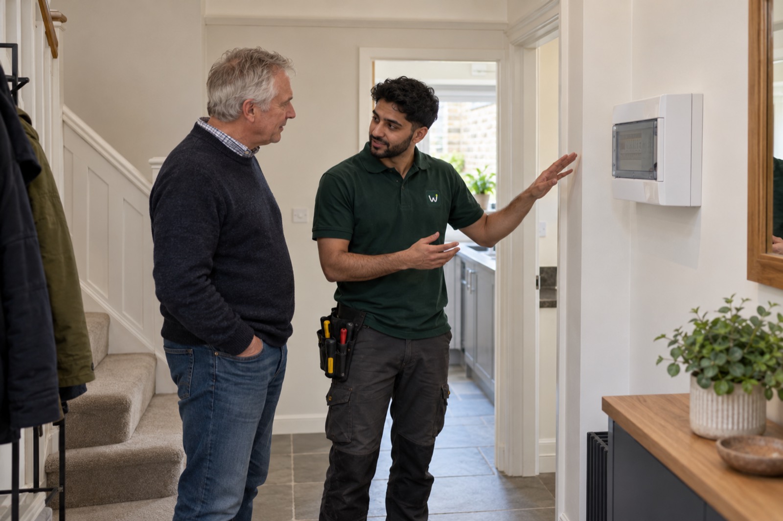 An electrician in a green Wharfe EV polo talks a homeowner through a new consumer unit, its door shut, in a bright hallway.