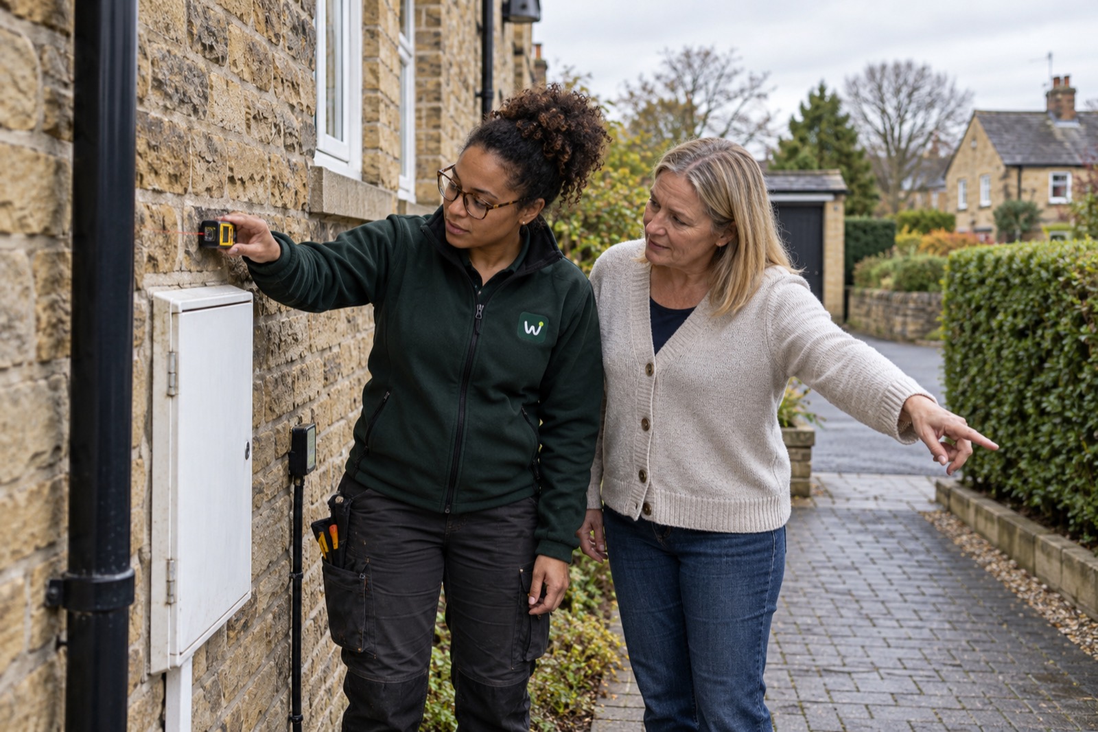 Chloe measuring along the side of a stone house with a laser measure while the homeowner points to where she would like the charger.
