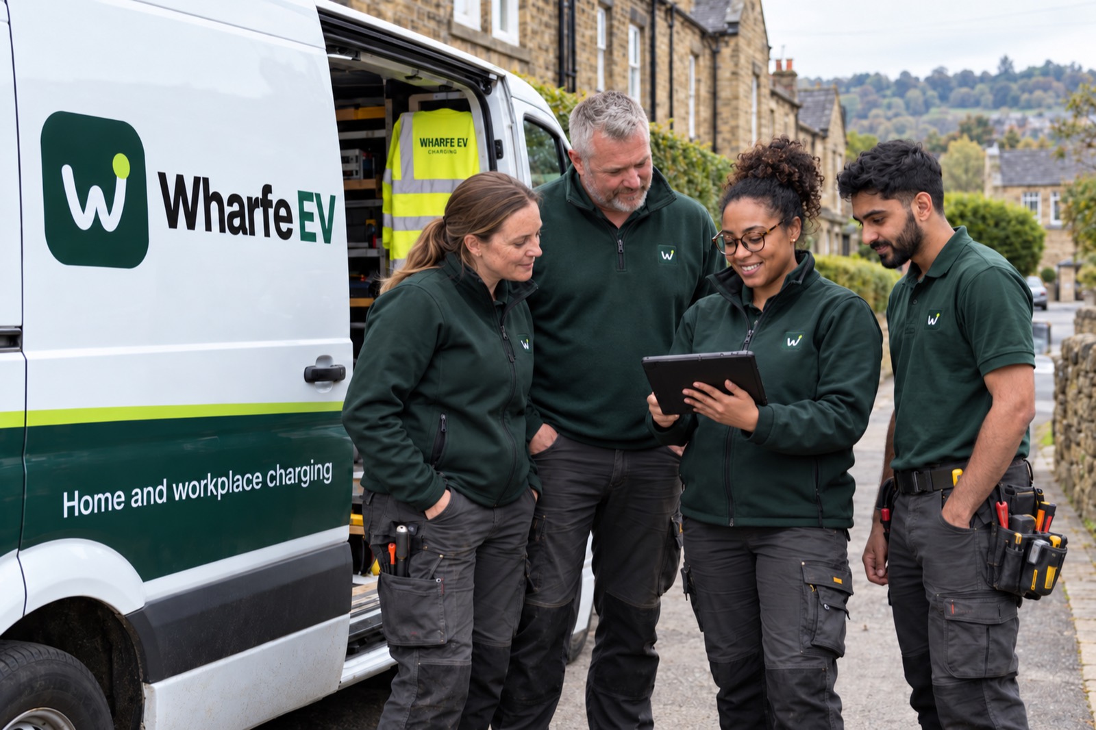 Hannah, Matt, Chloe and Imran in bottle-green workwear looking at a tablet beside a Wharfe EV van on a stone terraced street.