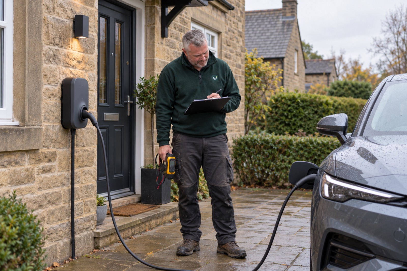 An electrician in a green Wharfe EV fleece writes on a clipboard, a tester in his other hand, beside a newly fitted charger plugged into a grey car on a wet drive.