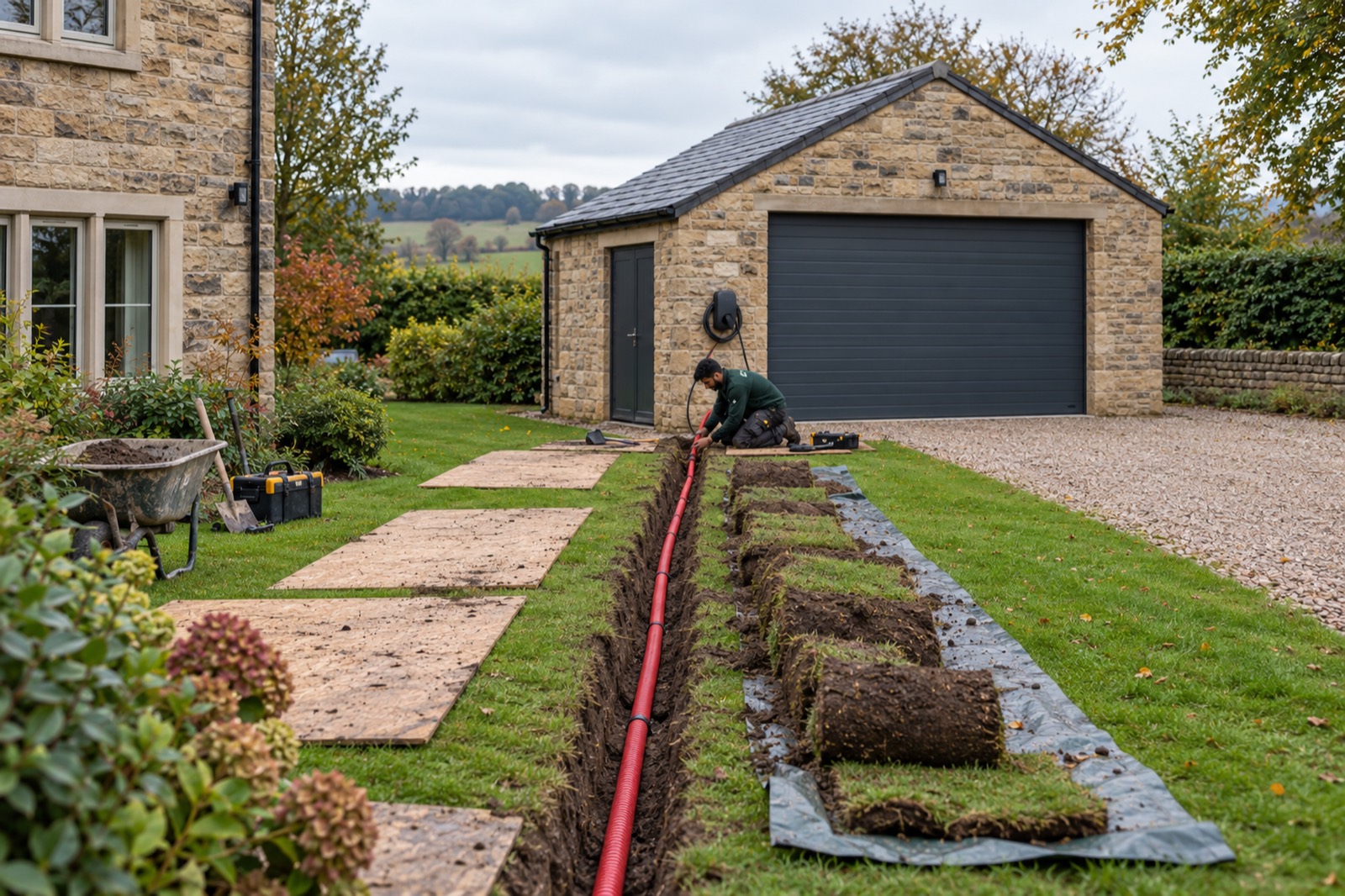 A narrow trench across a lawn to a stone garage with a red duct laid in it, the turf rolled neatly beside it and Imran at the far end.