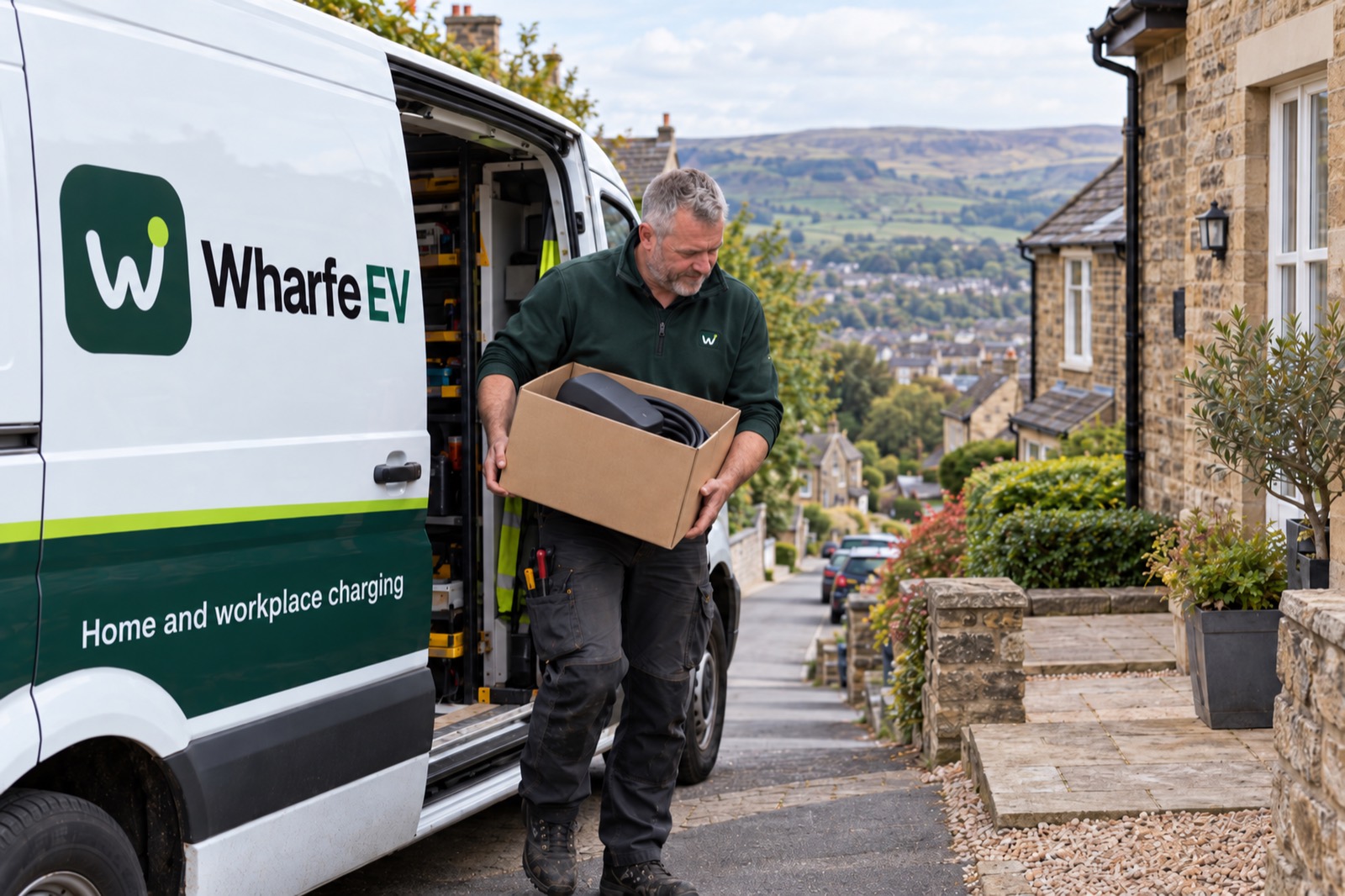 Matt lifting a boxed charger out of the side door of a Wharfe EV van on a sloping stone street, moors in the distance.