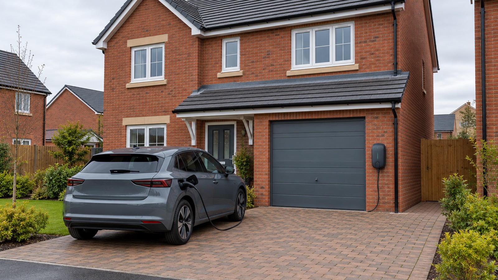 A red-brick new-build with a grey garage door, a charger beside it and a grey car charging on the block-paved drive.