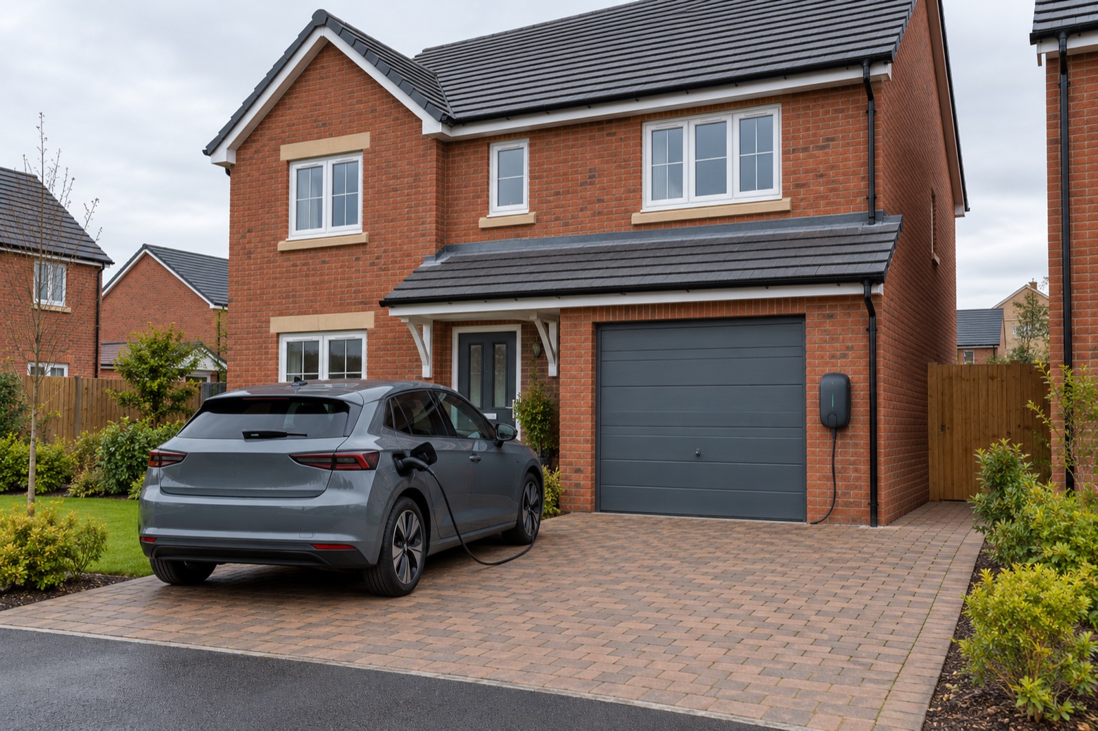 A red-brick new-build with a grey garage door, a charger beside it and a grey car charging on the block-paved drive.