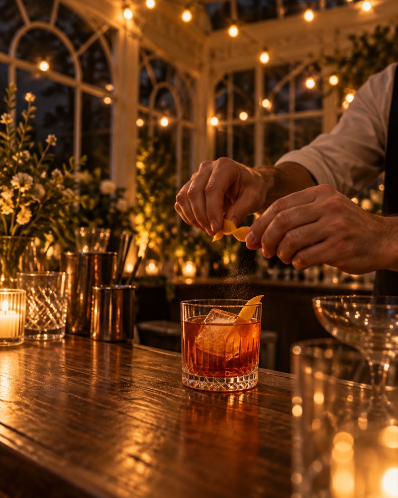 A bartender's hands twisting orange peel over an old fashioned on an oak bar, festoon lights in the Orangery glass behind.