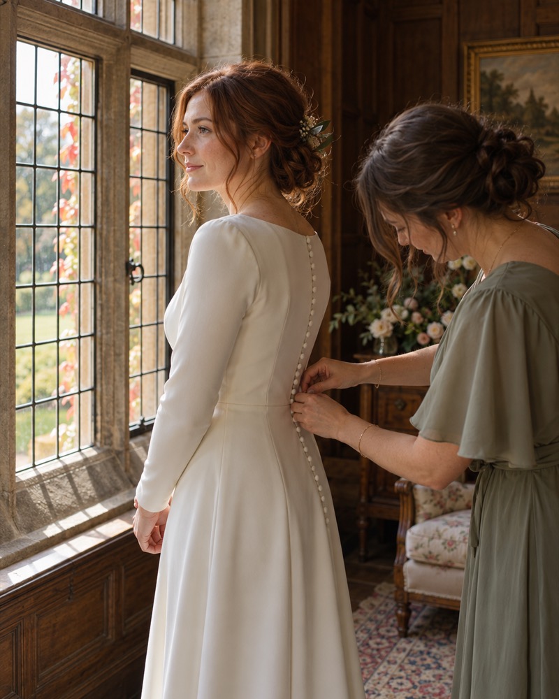 A bride in a long-sleeved ivory dress stands at a leaded window while a friend fastens the buttons down her back.