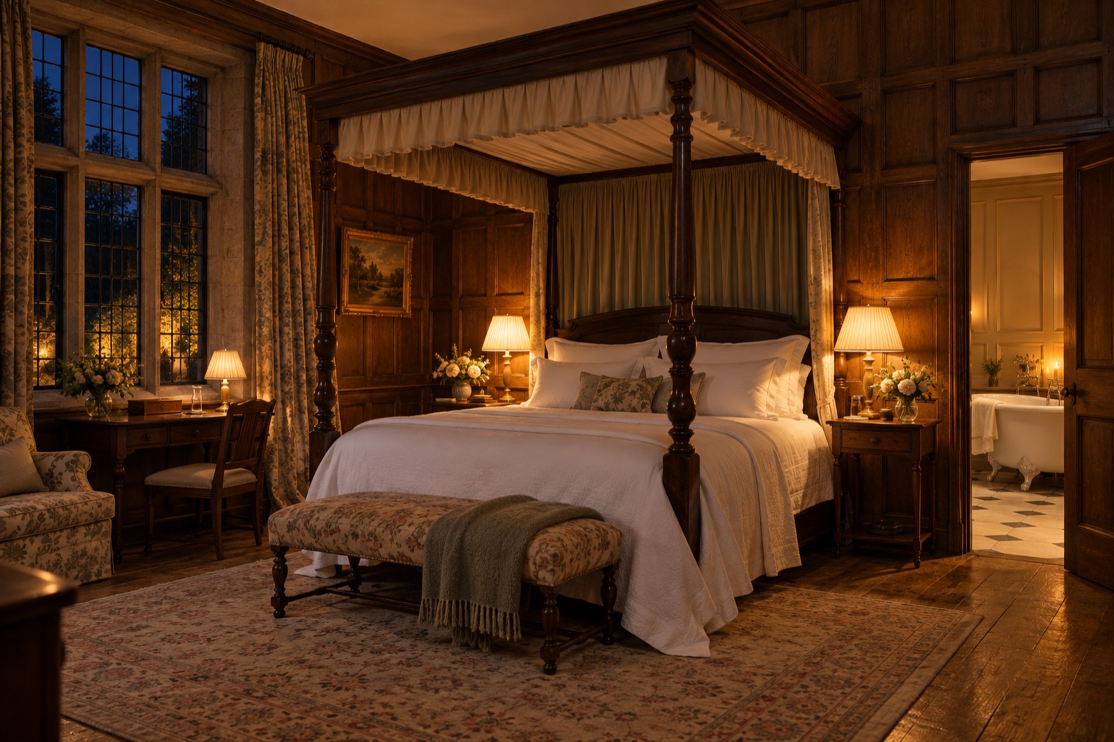 The bridal suite at night: a four-poster bed in white linen, oak panelling, lamps lit, and a roll-top bath through an open door.