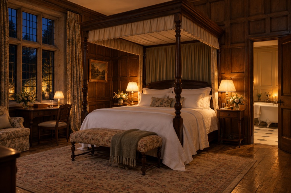 The bridal suite at night: a four-poster bed in white linen, oak panelling, lamps lit, and a roll-top bath through an open door.