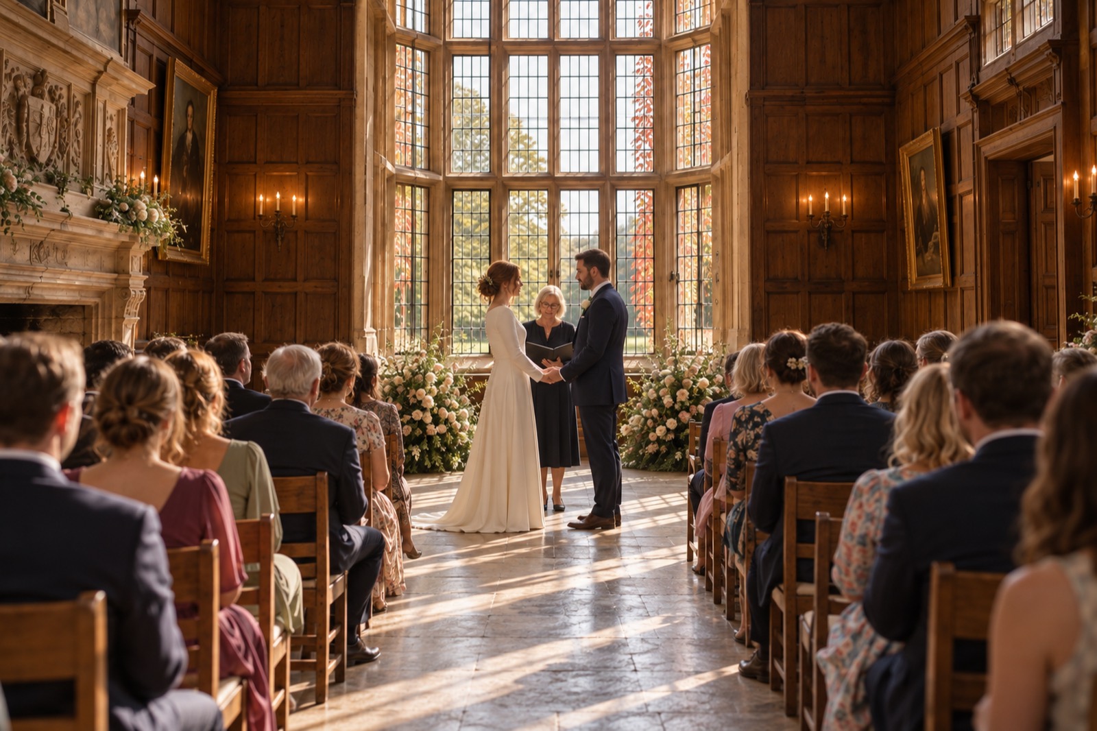 A ceremony in the panelled Grand Hall, seen from the back of the aisle, the couple before a tall bay window with the registrar.