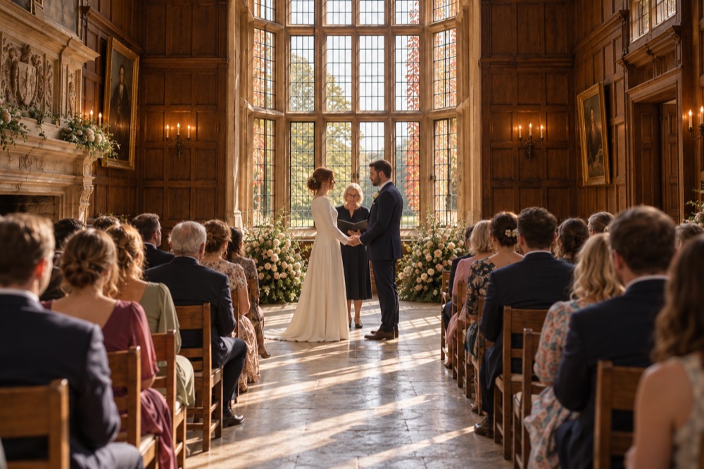 A ceremony in the panelled Grand Hall, seen from the back of the aisle, the couple before a tall bay window with the registrar.