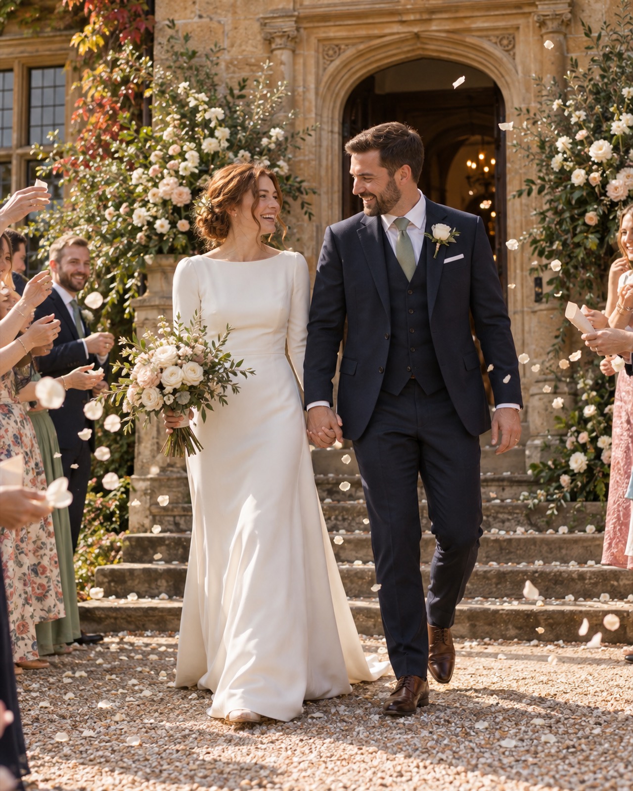 The newly married couple walk down the stone steps from the front door, laughing, as guests throw white petals.