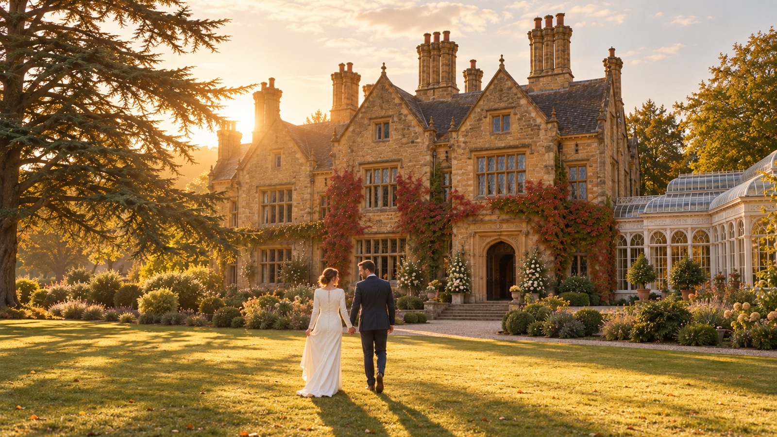 The couple walk hand in hand across the lawn towards the house at sunset, long shadows on the grass.