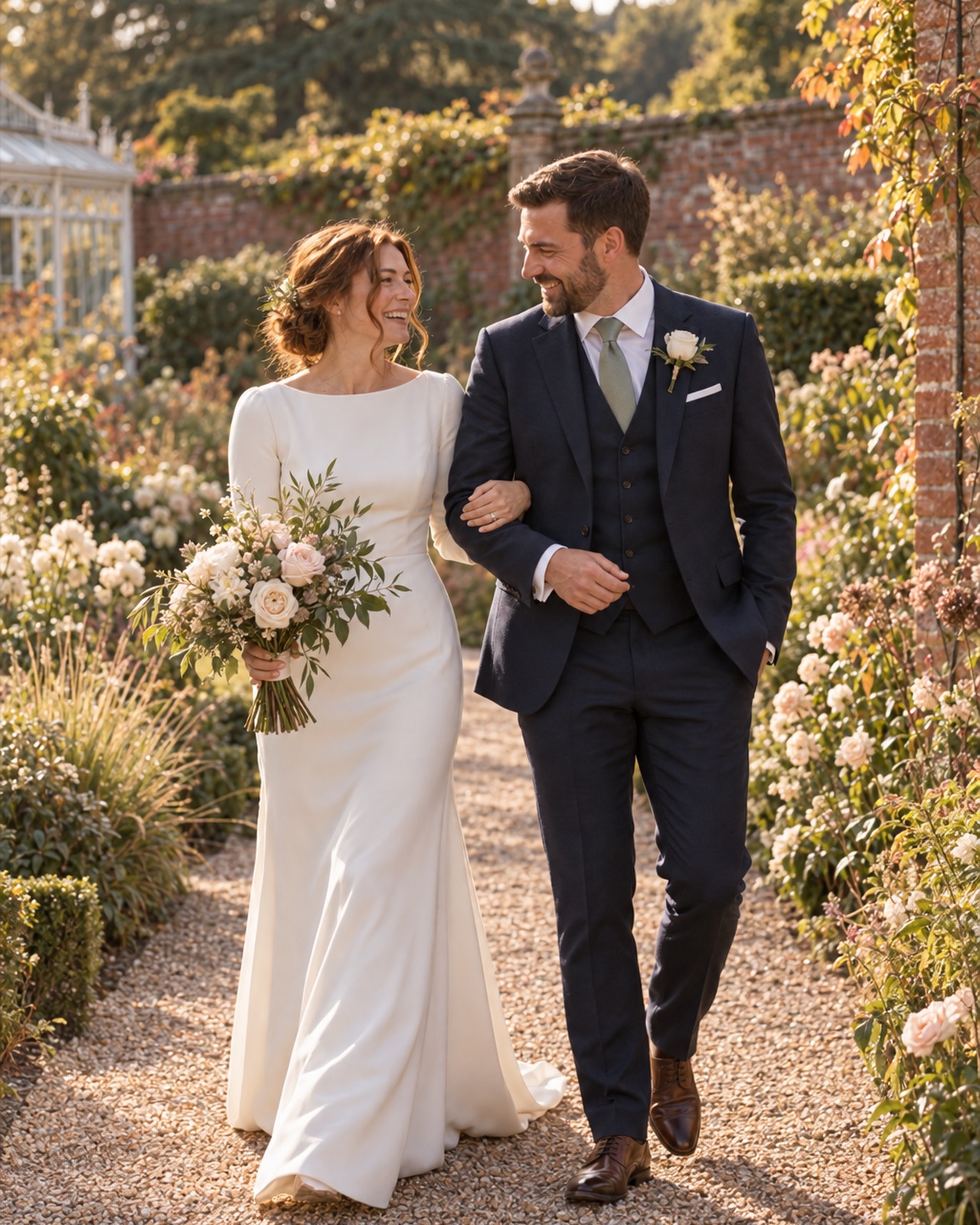 The bride and groom walk arm in arm along a gravel path in the walled garden, laughing.