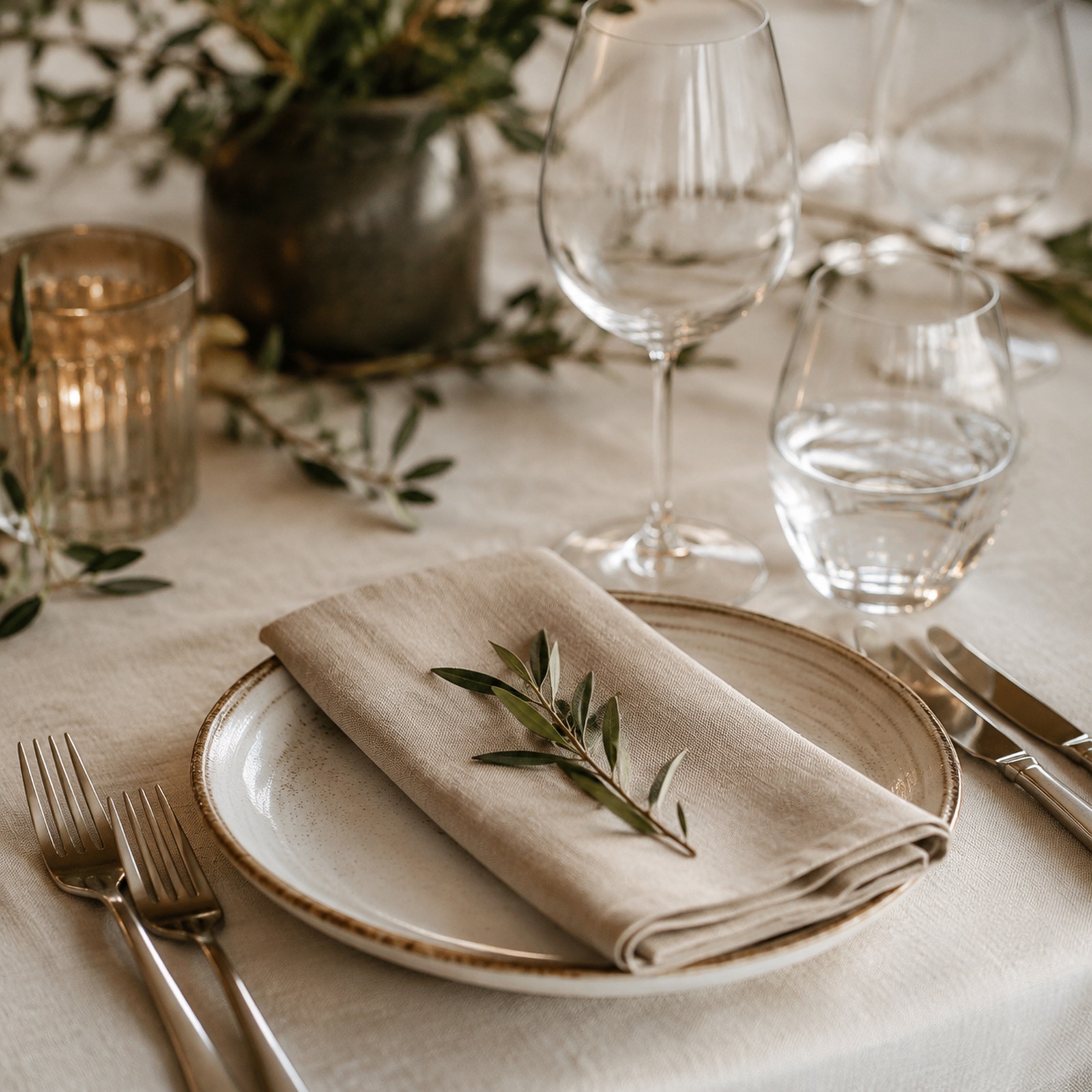 Illustrative close-up of a place setting: a linen napkin with an olive sprig on a stoneware plate, beside glassware and cutlery.