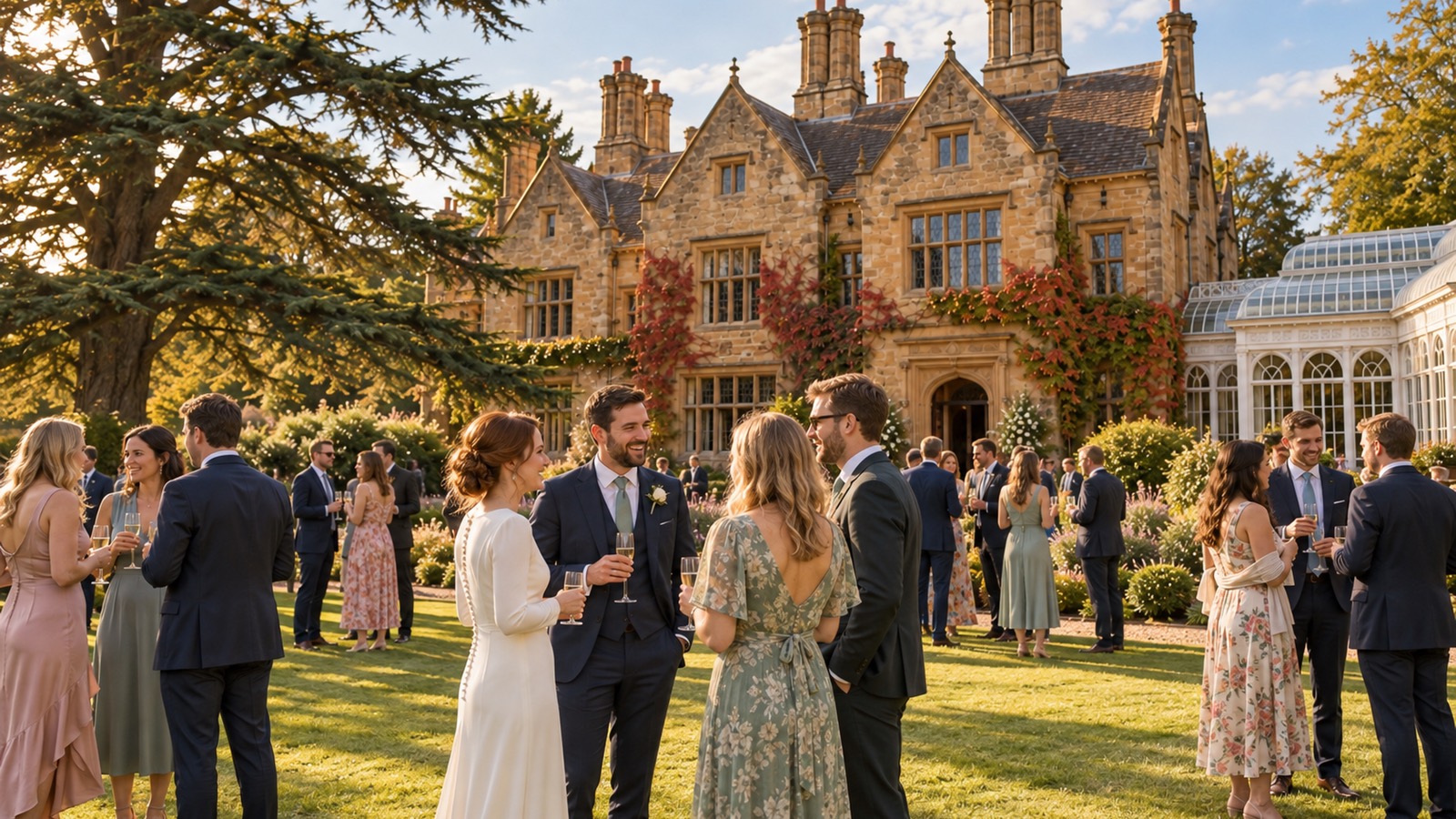 Guests with champagne on the lawn in afternoon sun, the couple among them, the stone house and cedar behind.