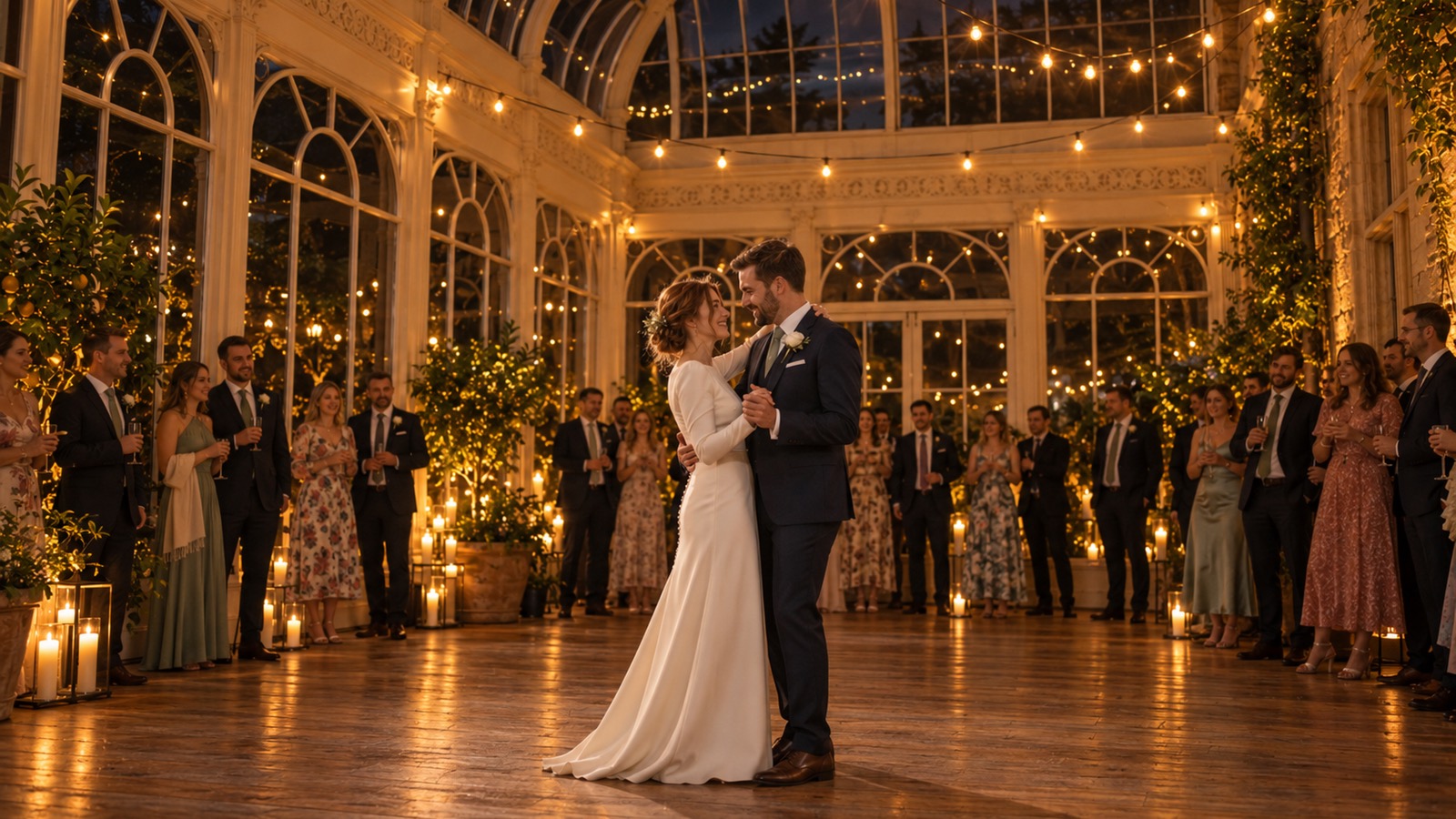 The couple's first dance in the Orangery after dark, guests gathered round, candles and festoon lights reflected in the glass.