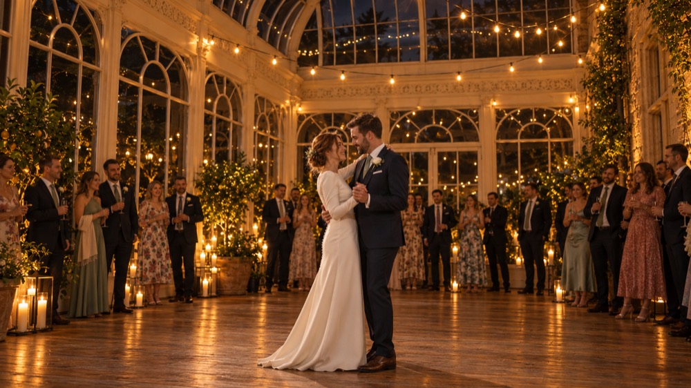 The couple's first dance in the Orangery after dark, guests gathered round, candles and festoon lights reflected in the glass.