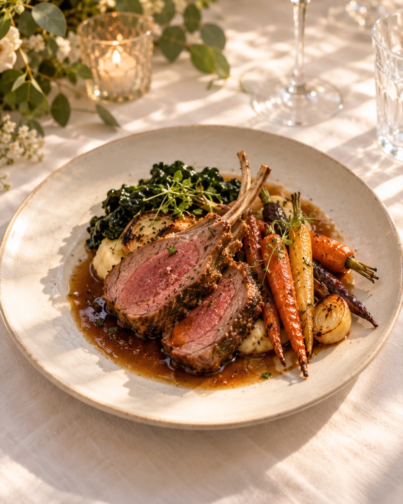 A plated main course of Cheshire lamb with heritage carrots and jus on a linen-covered table.