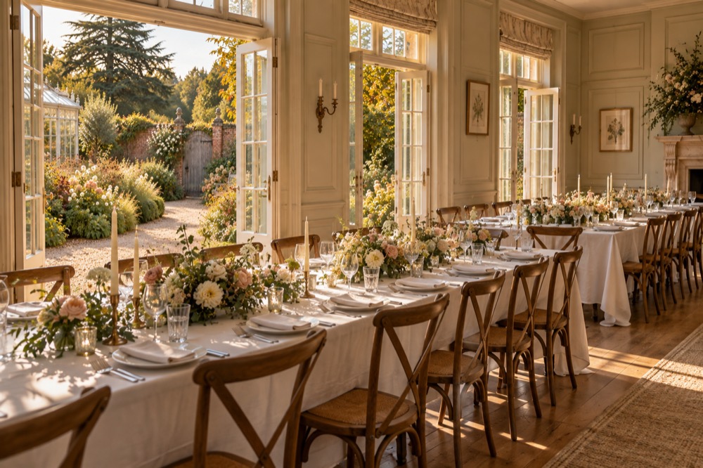 The Garden Room laid for dinner: long tables in white linen with roses and candles, French windows open to the walled garden.
