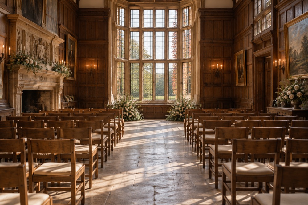 The Grand Hall set for a ceremony: oak panelling, a carved stone fireplace, rows of chairs and a tall mullioned bay window.