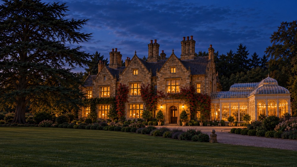 The house at dusk across the lawn, every window lit warm against a deep blue sky, the orangery glowing and the cedar in silhouette.