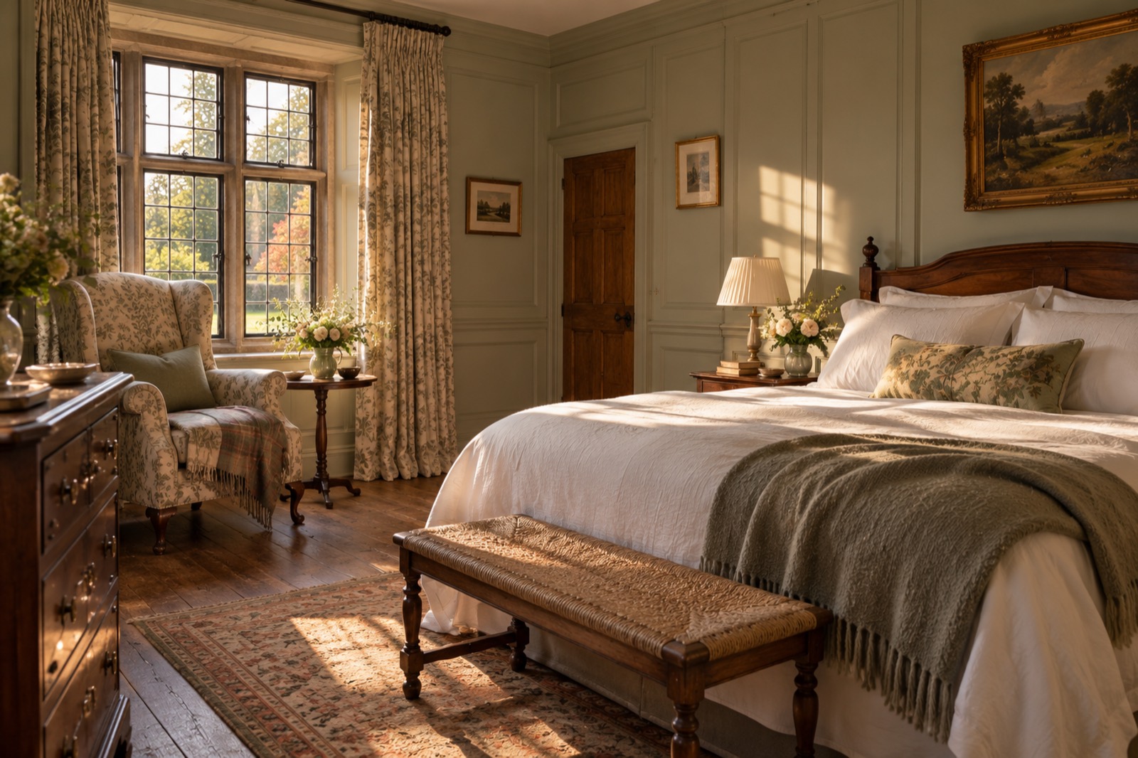 A guest bedroom in morning light: a double bed with a green throw, a wing chair and painted panelling.