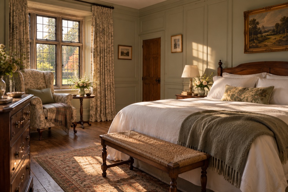 A guest bedroom in morning light: a double bed with a green throw, a wing chair and painted panelling.