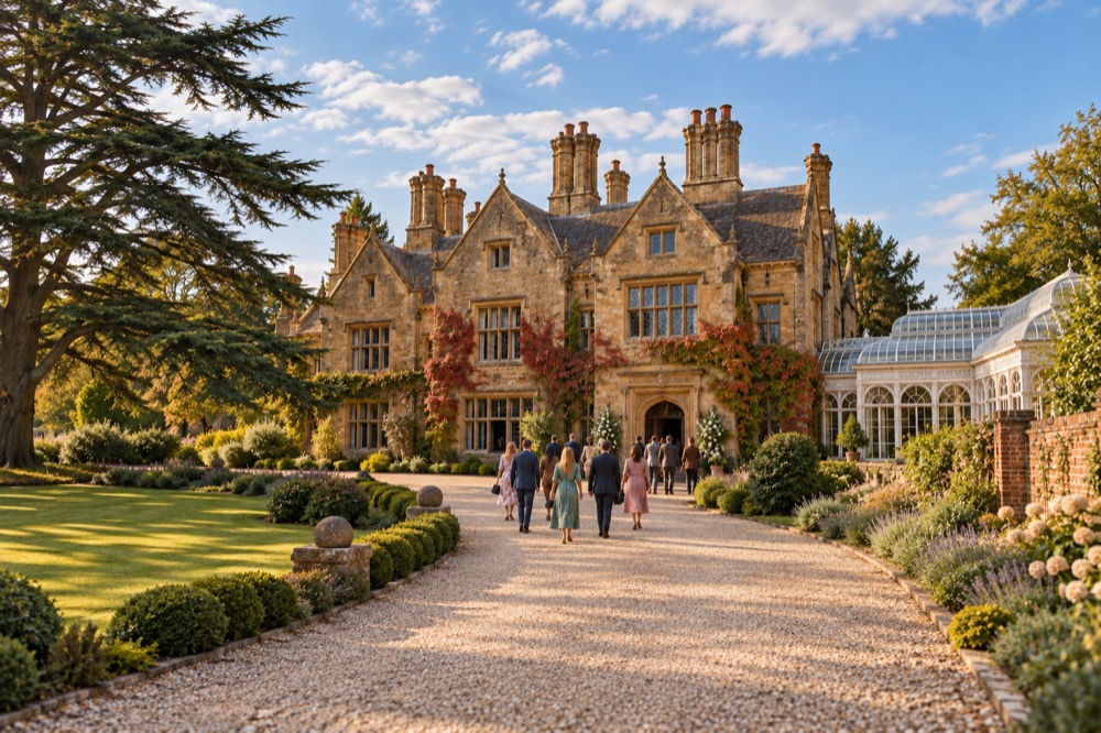 Guests walk up the gravel drive towards the honey-stone house, with the cedar on the left and the orangery on the right.