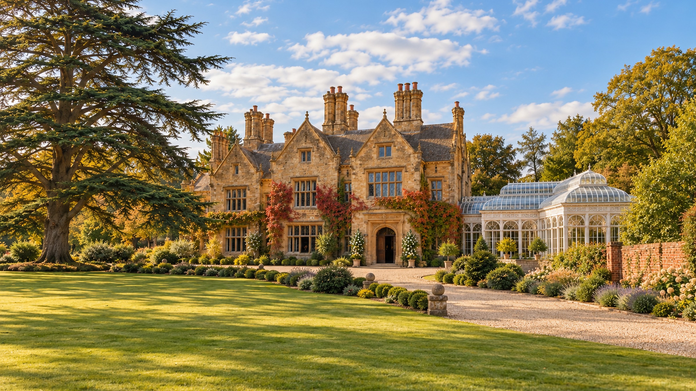 Ashcombe Hall across a sunlit lawn: a honey-stone Jacobean house with clustered chimneys and a central arched porch, a white glass orangery to the right and a great cedar to the left.
