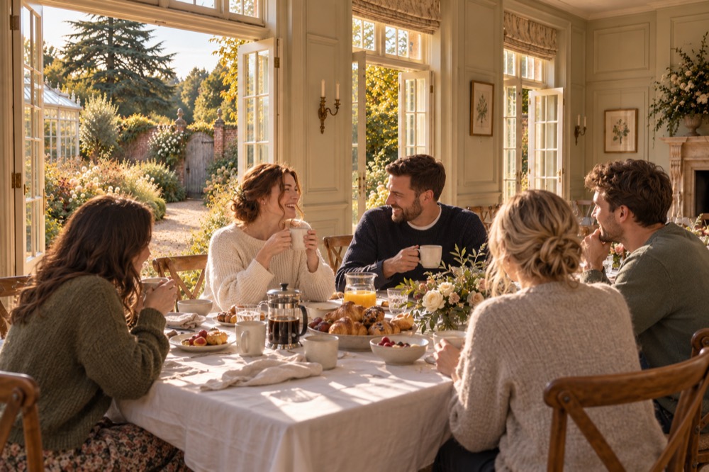 The morning after: the couple and friends in jumpers sharing coffee and pastries in the sunlit Garden Room.